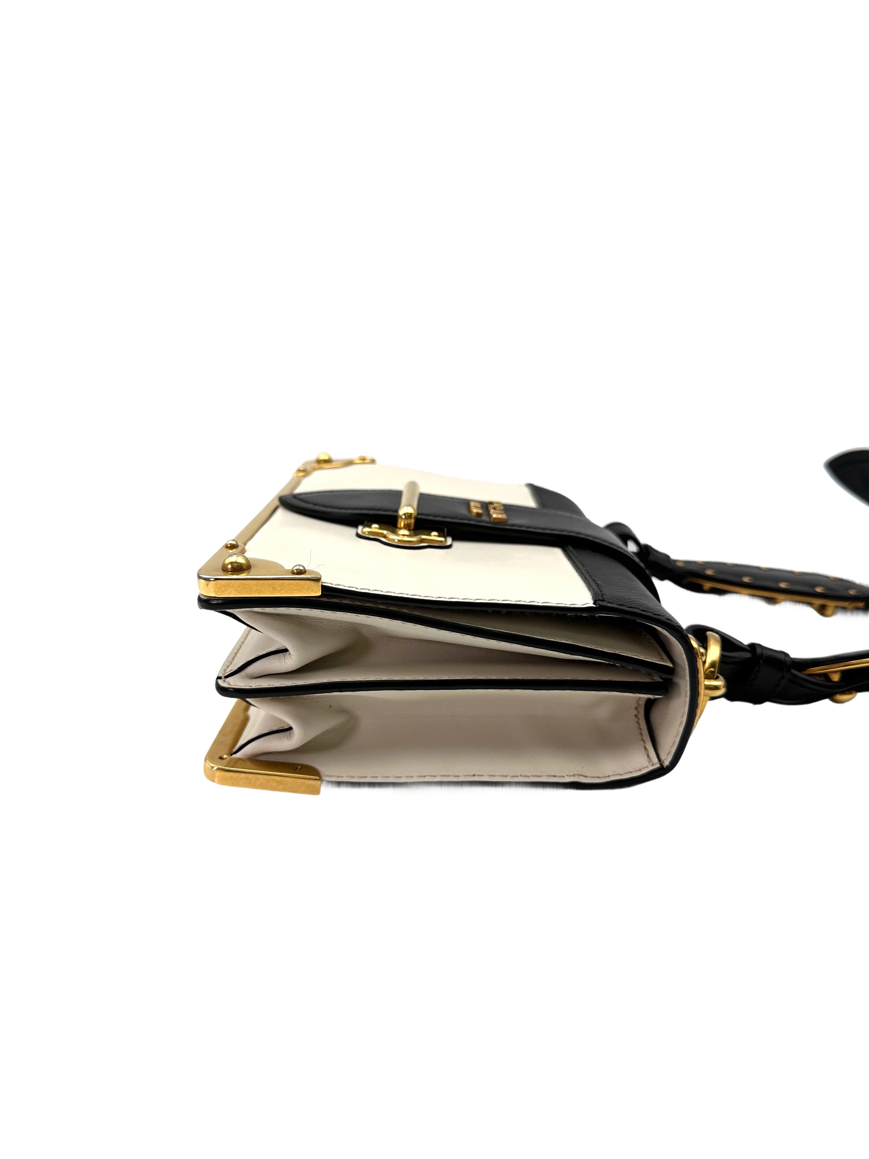 Prada Cahier Black/White Saffiano Leather Shoulder Bag With Gold Hardware PR367