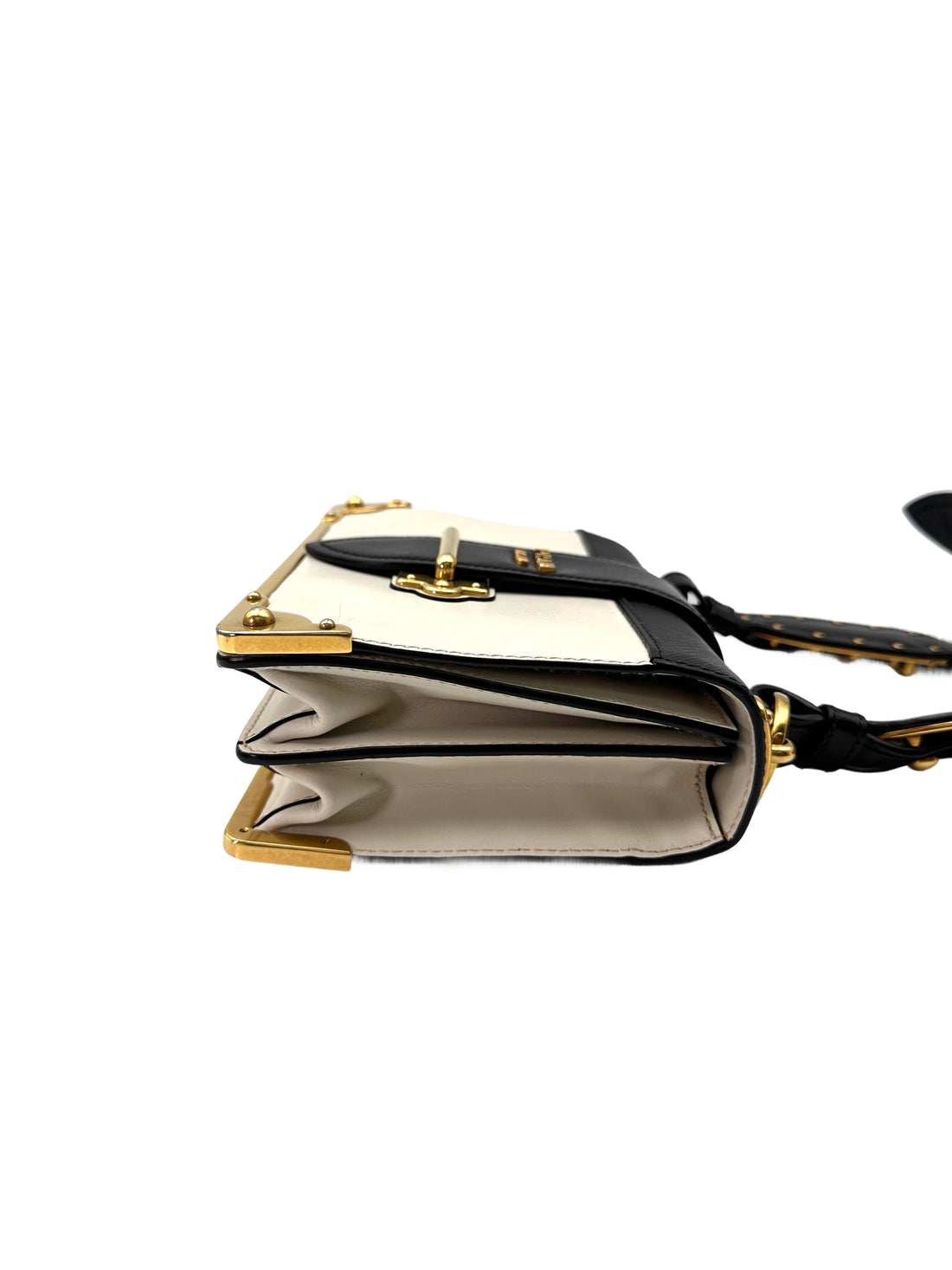 Prada Cahier Black/White Saffiano Leather Shoulder Bag With Gold Hardware PR367