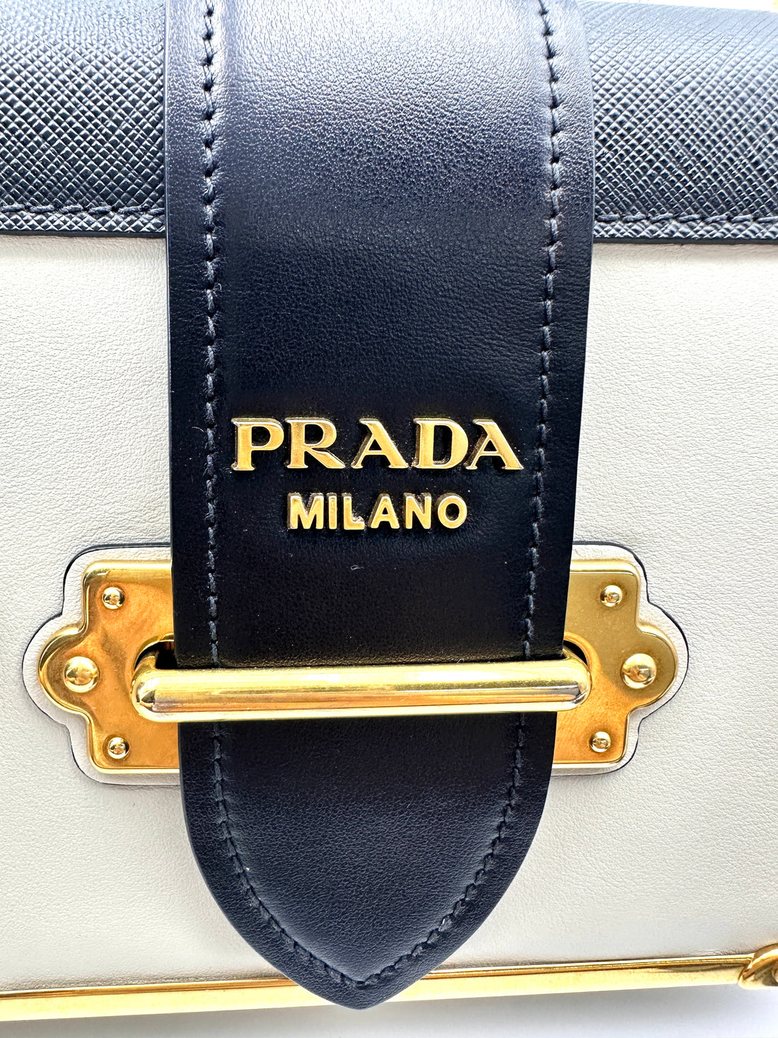 Prada Cahier Black/White Saffiano Leather Shoulder Bag With Gold Hardware PR367