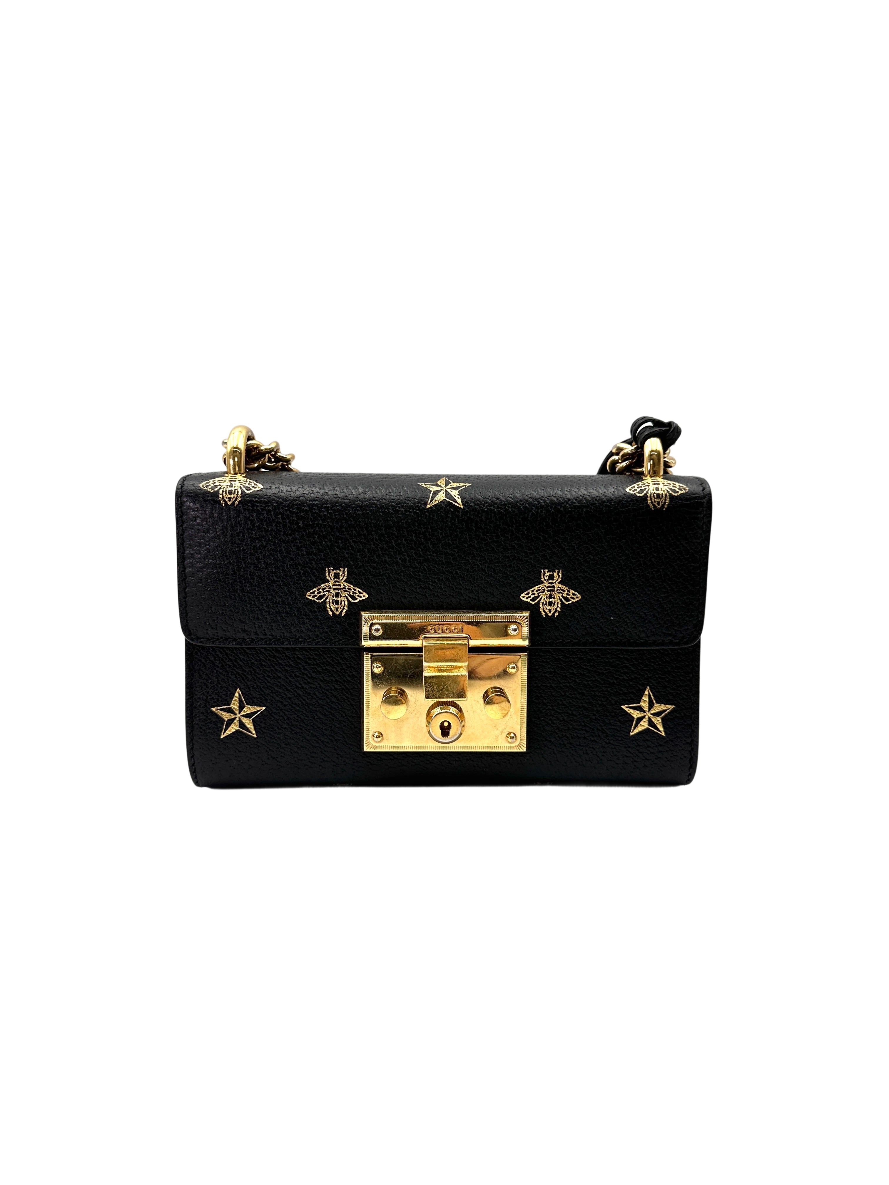 Gucci Padlock Bee Star Black Leather Shoulder Bag GG1071