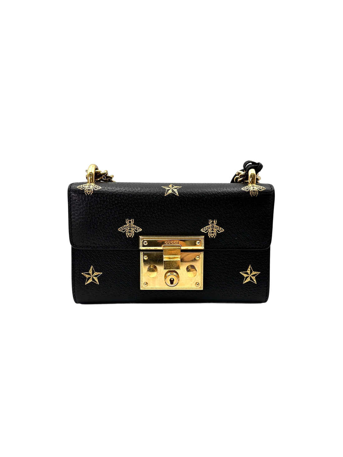 Gucci Padlock Bee Star Black Leather Shoulder Bag GG1071
