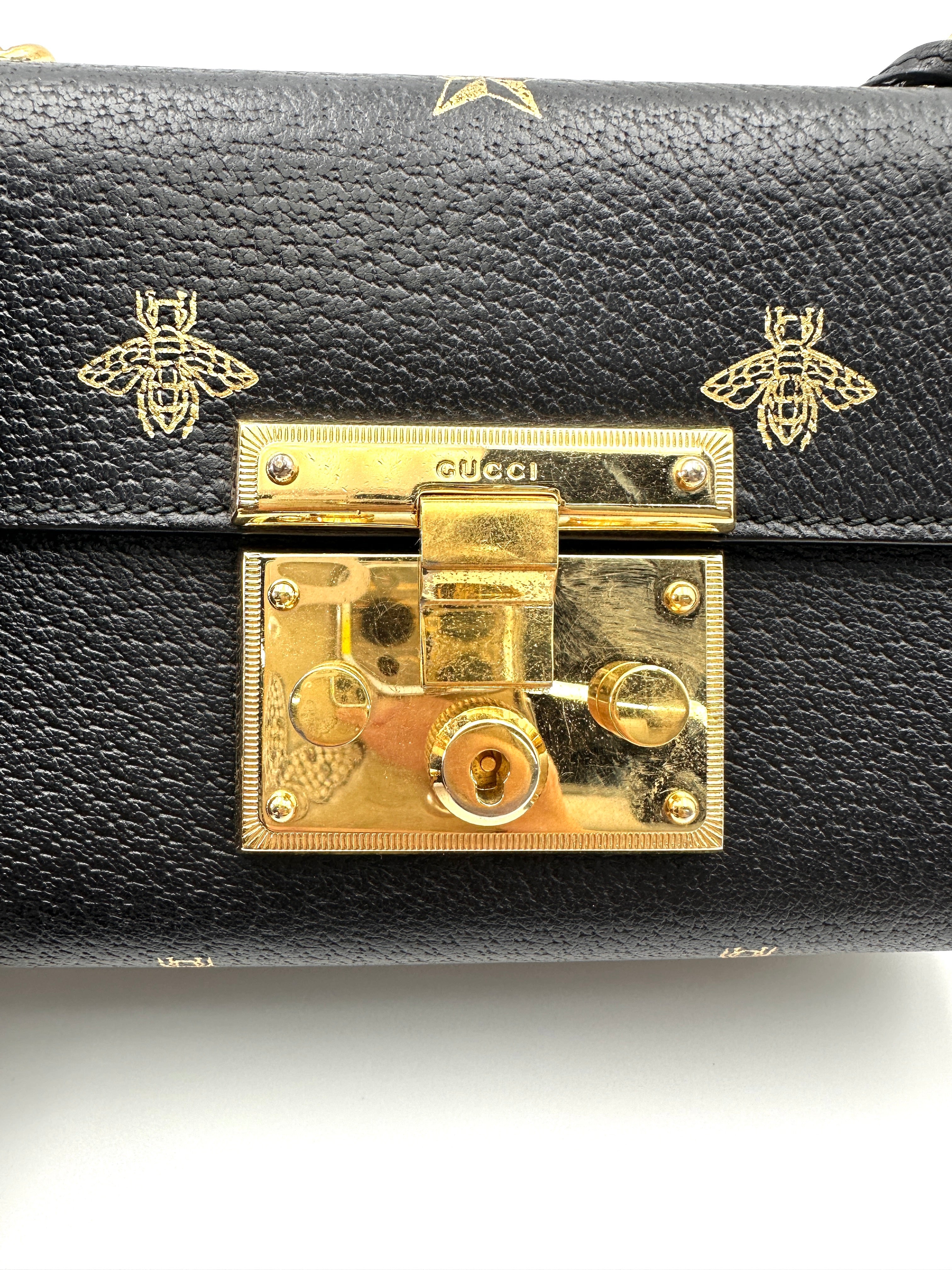 Gucci Padlock Bee Star Black Leather Shoulder Bag GG1071