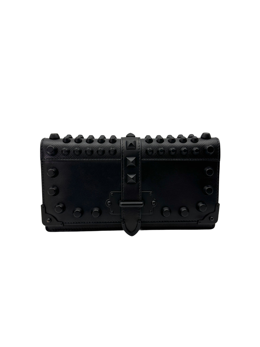 Prada Cahier All Black Studded Leather Wallet On Chain PR366