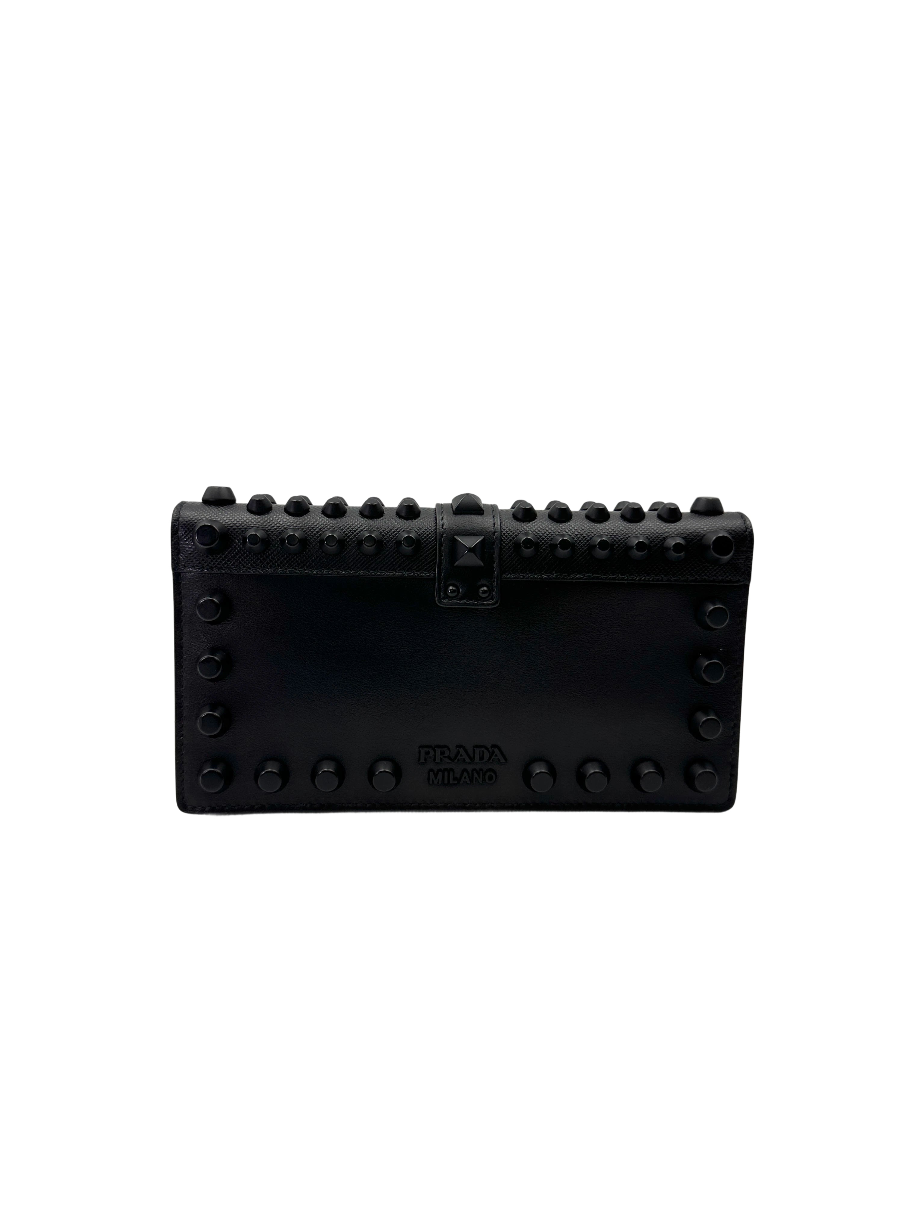 Prada Cahier All Black Studded Leather Wallet On Chain PR366