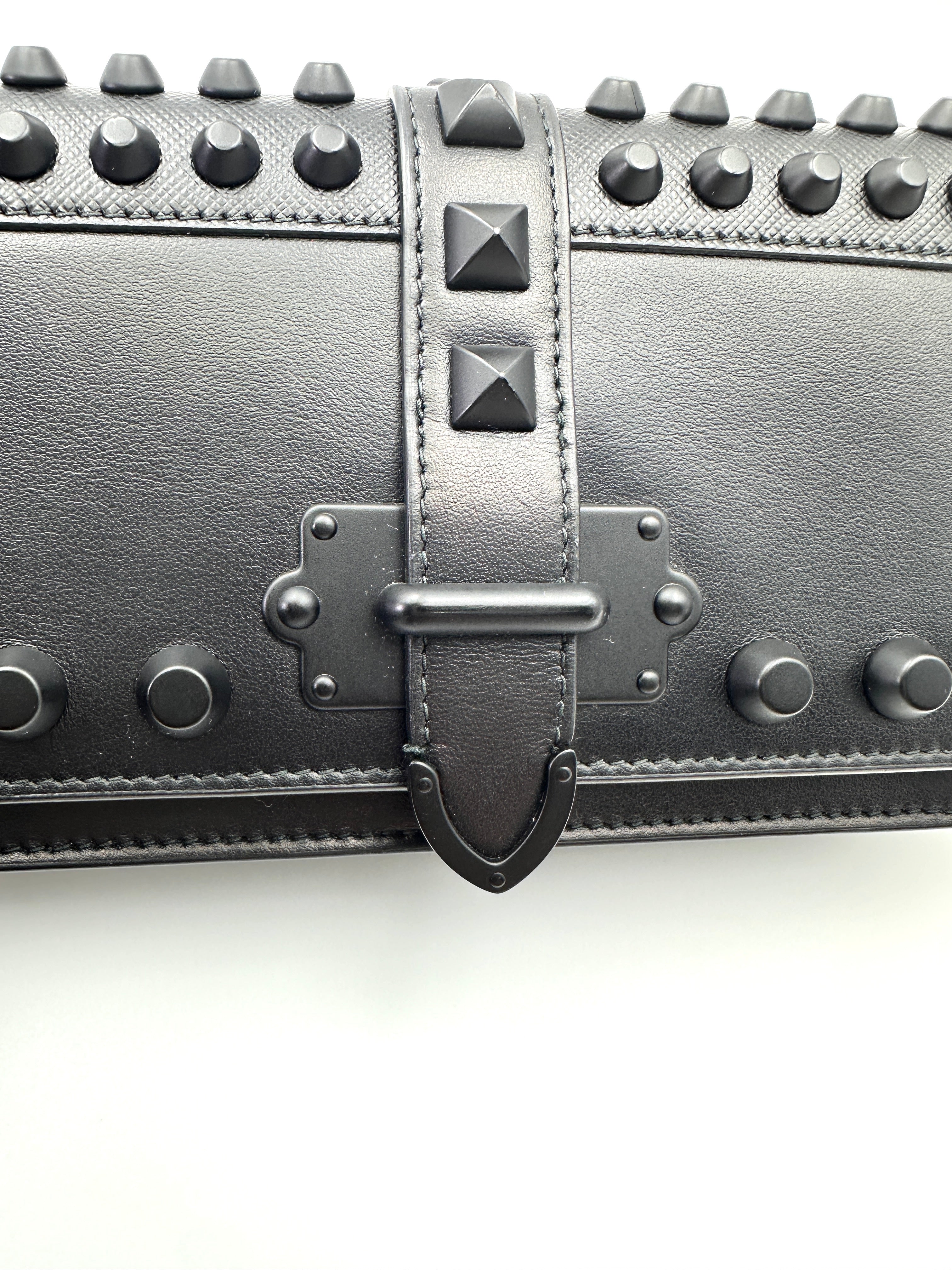 Prada Cahier All Black Studded Leather Wallet On Chain PR366