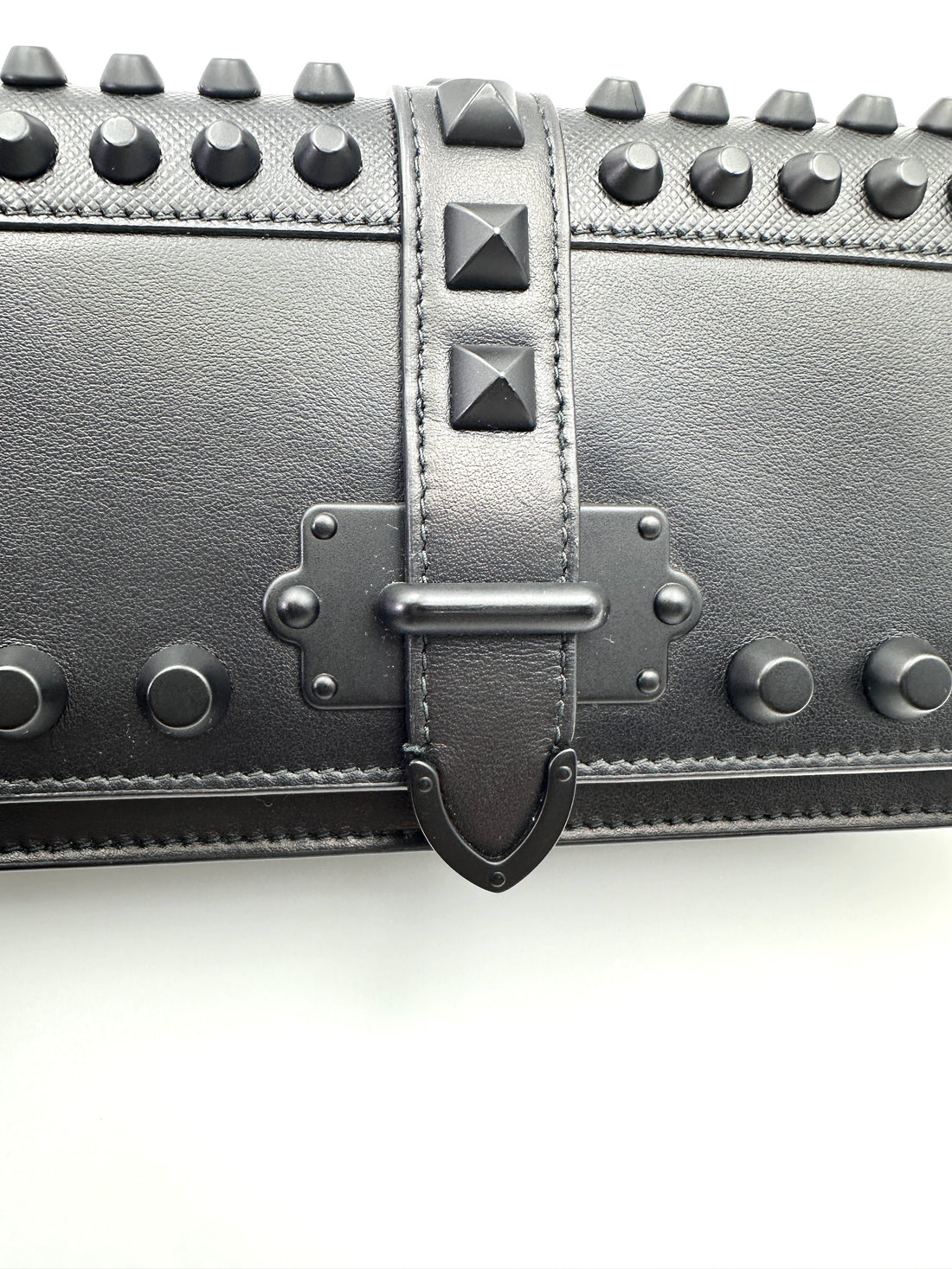 Prada Cahier All Black Studded Leather Wallet On Chain PR366