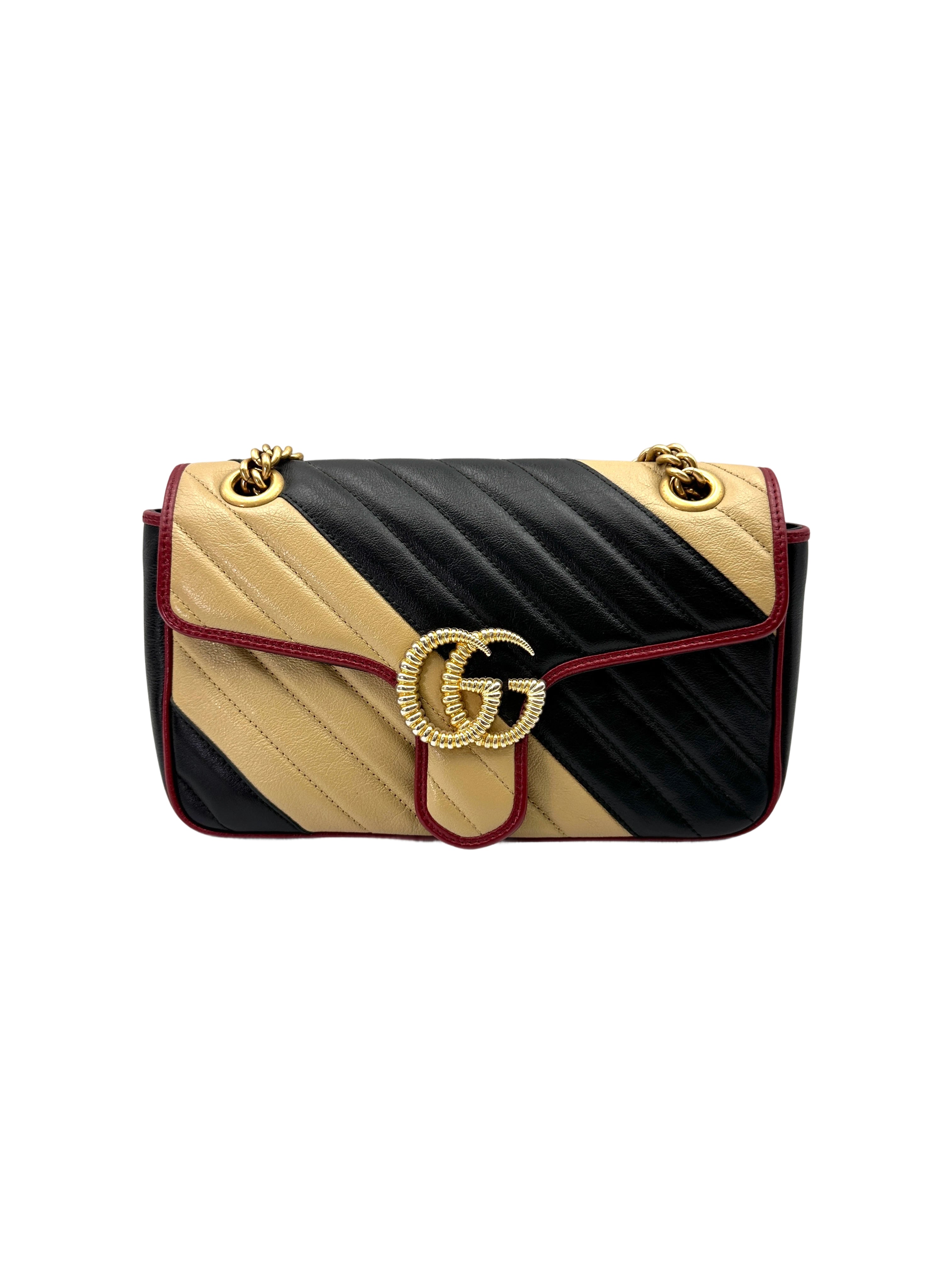 Gucci GG Marmont Black/Beige Matelasse Leather Medium Size Shoulder Bag GG1074