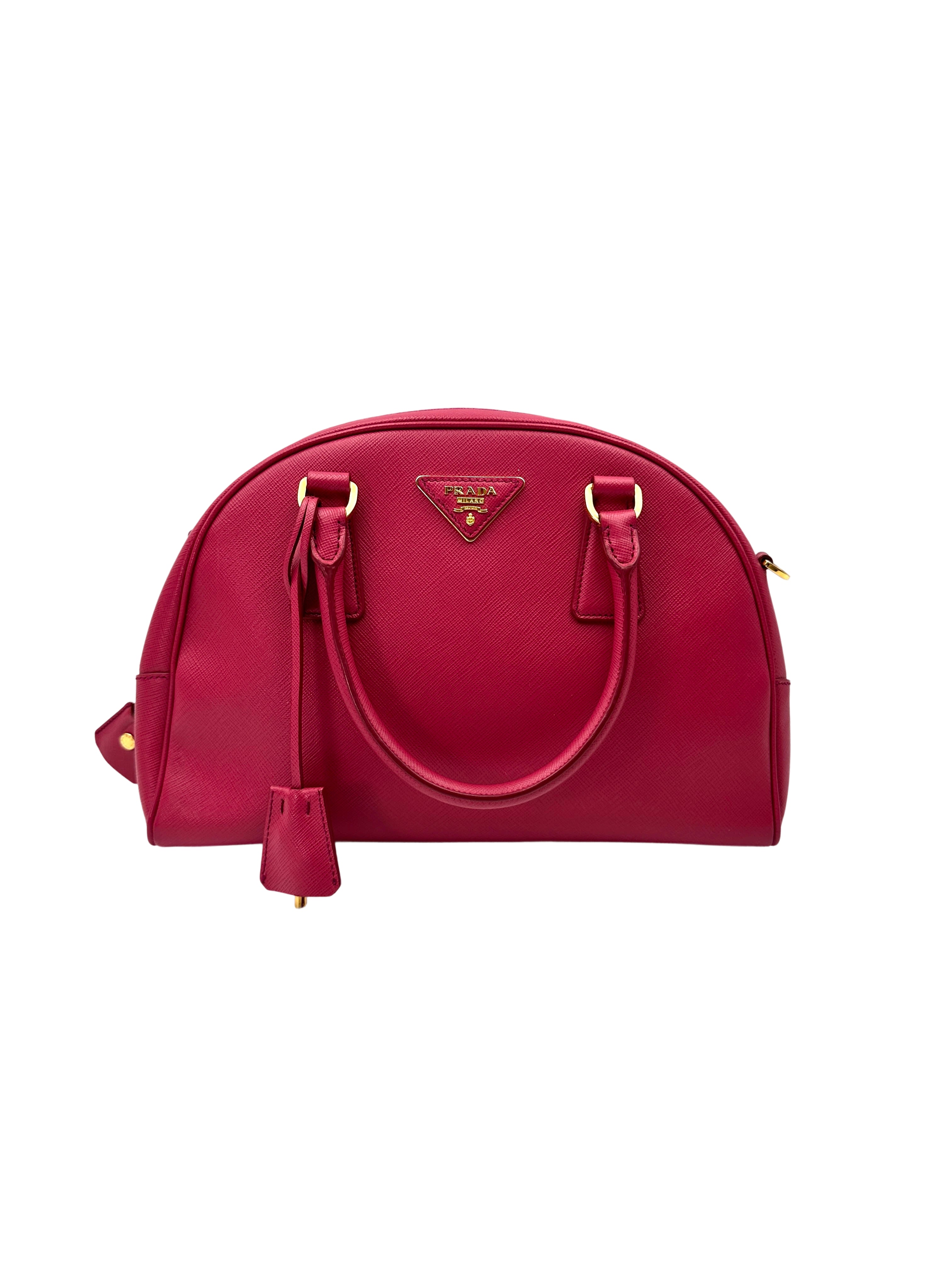 Prada Fuchsia Black Saffiano Leather Handle Bag PR371