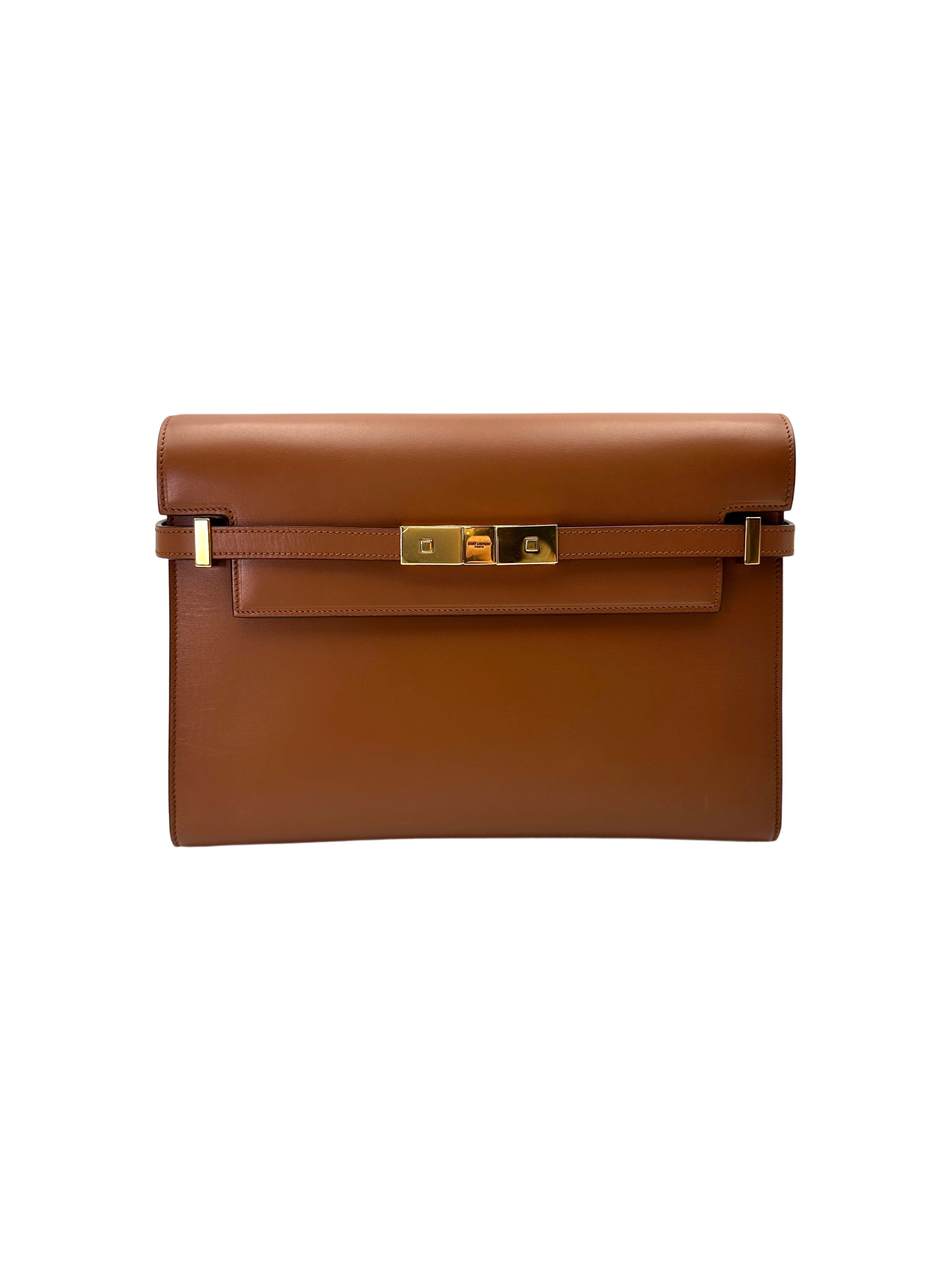 Saint Laurent Manhattan Brown Leather Flap Bag With Gold Hardware SL238