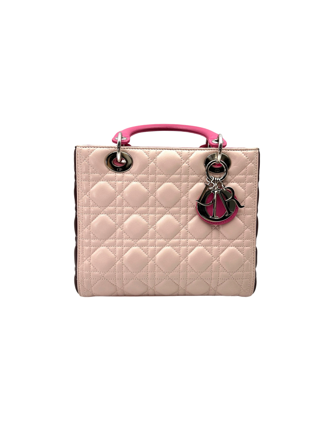 Christian Dior Lady Dior Bicolor Pink Cannage Leather Handle Bag With Silver Charms DR743