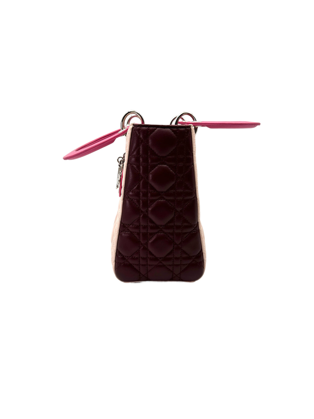 Christian Dior Lady Dior Bicolor Pink Cannage Leather Handle Bag With Silver Charms DR743