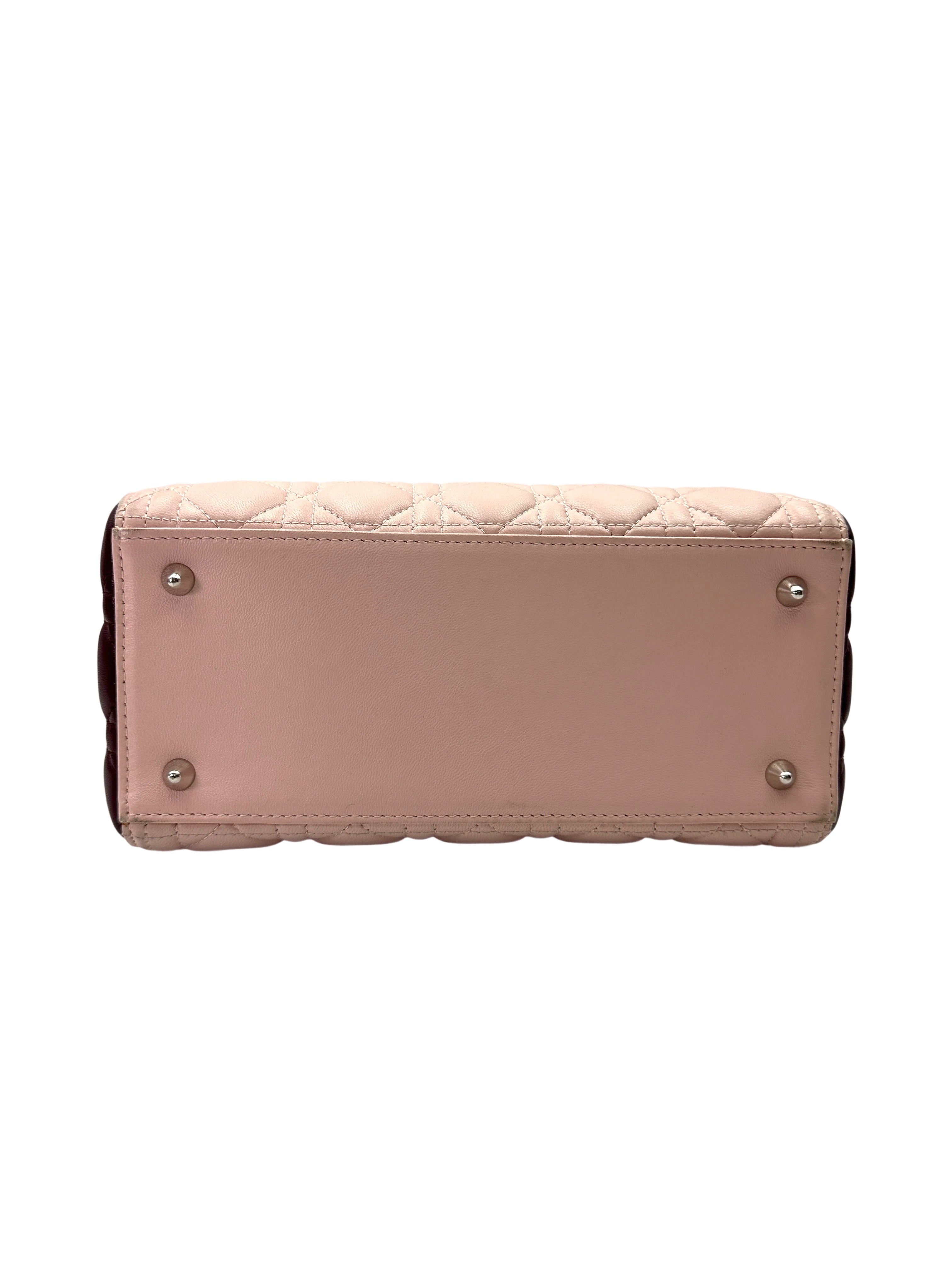 Christian Dior Lady Dior Bicolor Pink Cannage Leather Handle Bag With Silver Charms DR743