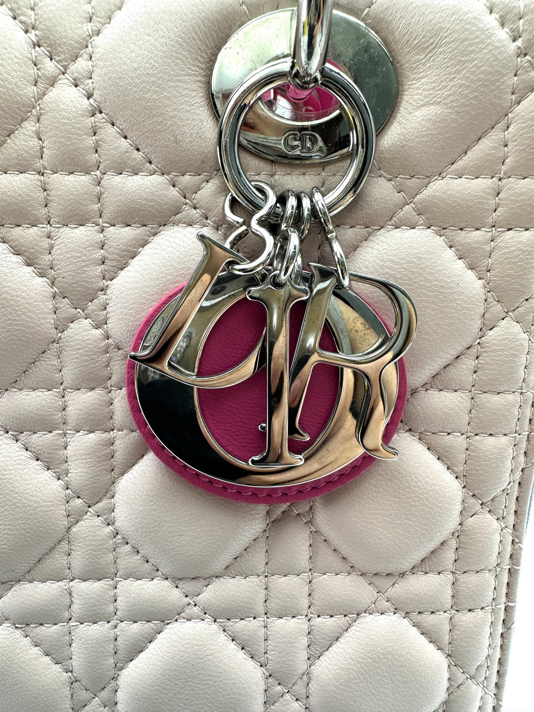 Christian Dior Lady Dior Bicolor Pink Cannage Leather Handle Bag With Silver Charms DR743