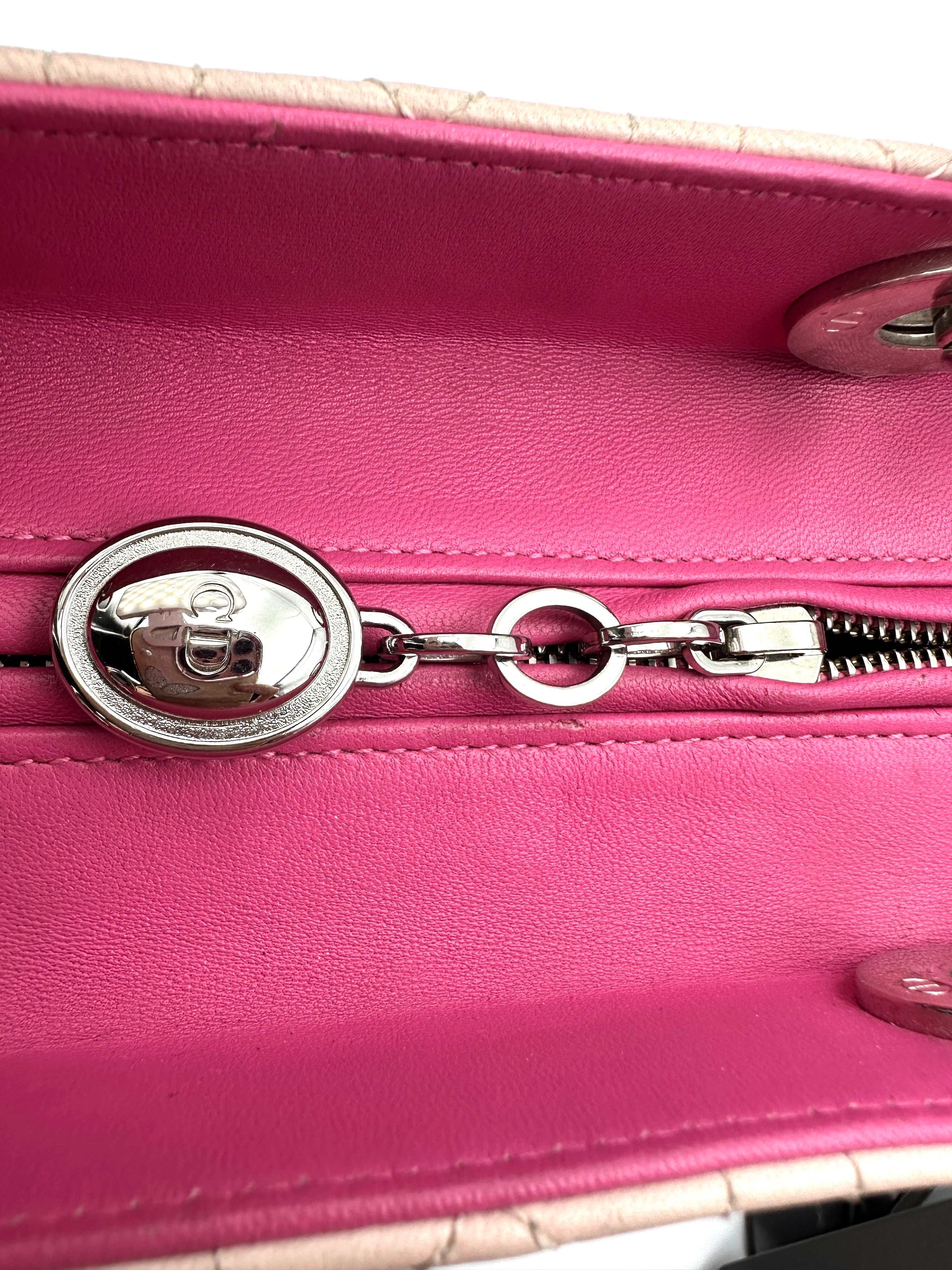 Christian Dior Lady Dior Bicolor Pink Cannage Leather Handle Bag With Silver Charms DR743