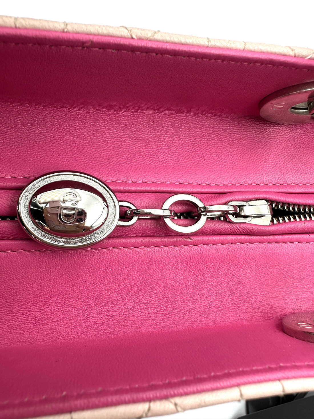 Christian Dior Lady Dior Bicolor Pink Cannage Leather Handle Bag With Silver Charms DR743
