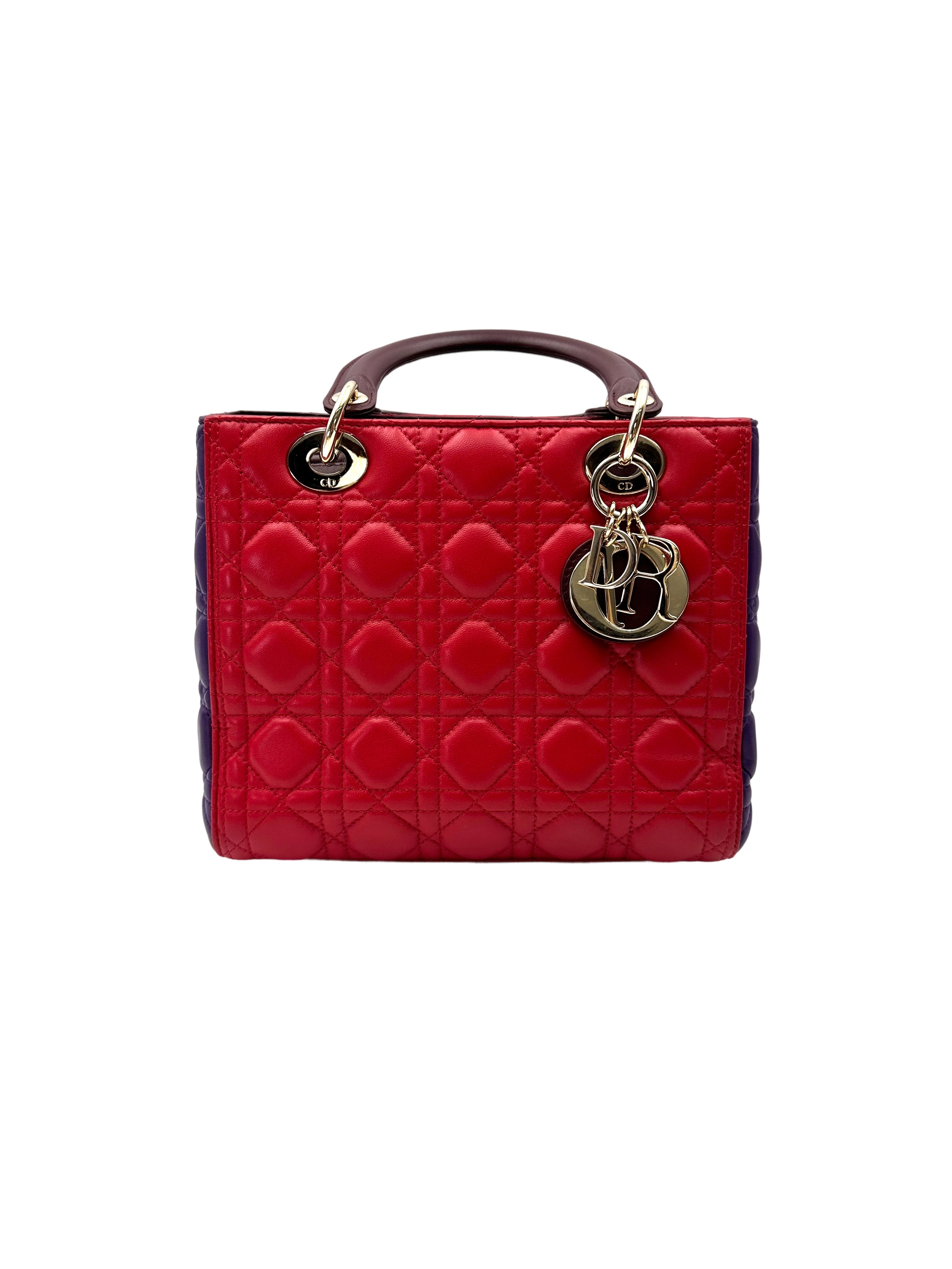 Christian Dior Lady Dior Red Cannage Leather Handle Bag With Silver Charms DR745