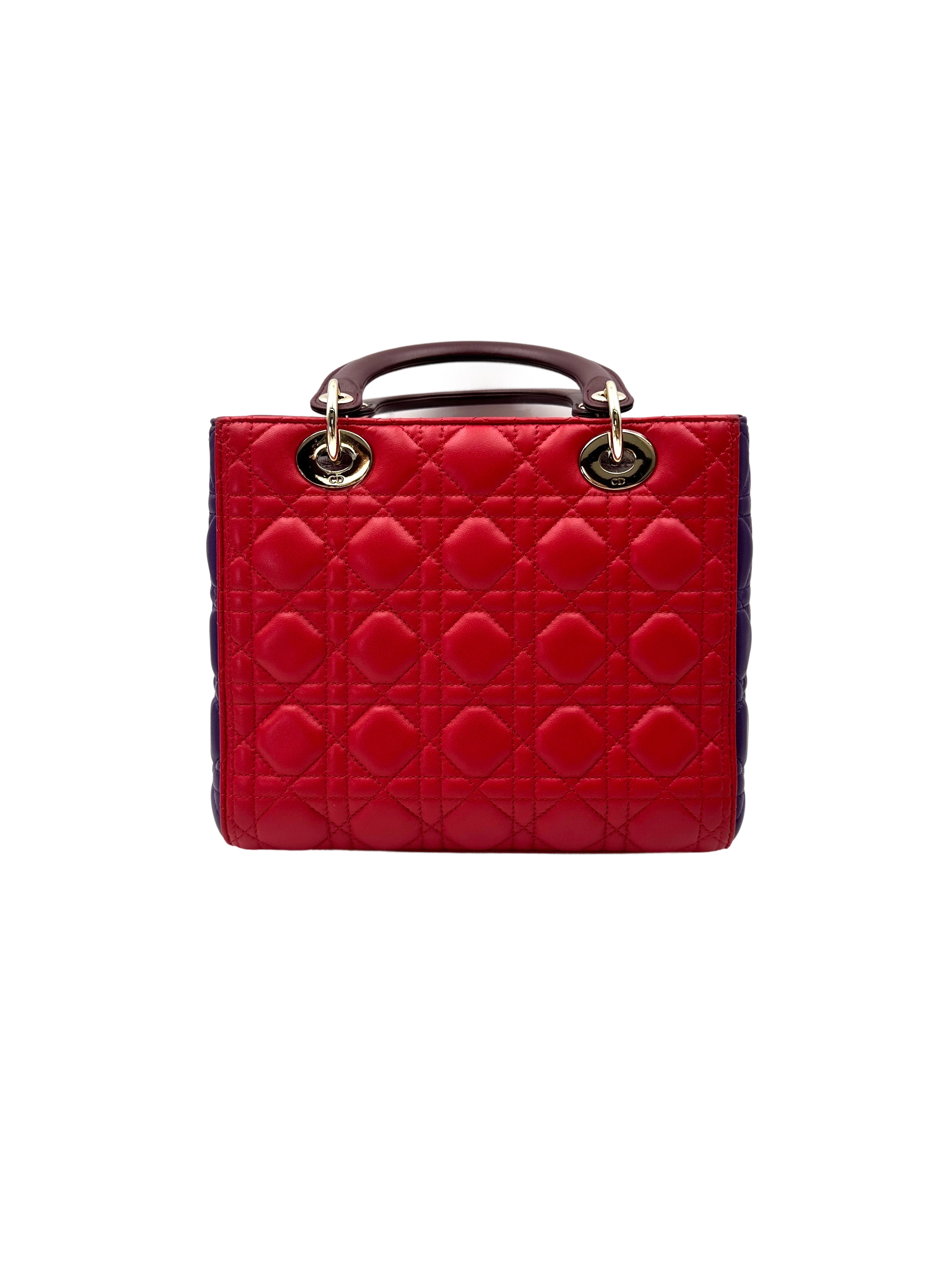 Christian Dior Lady Dior Red Cannage Leather Handle Bag With Silver Charms DR745
