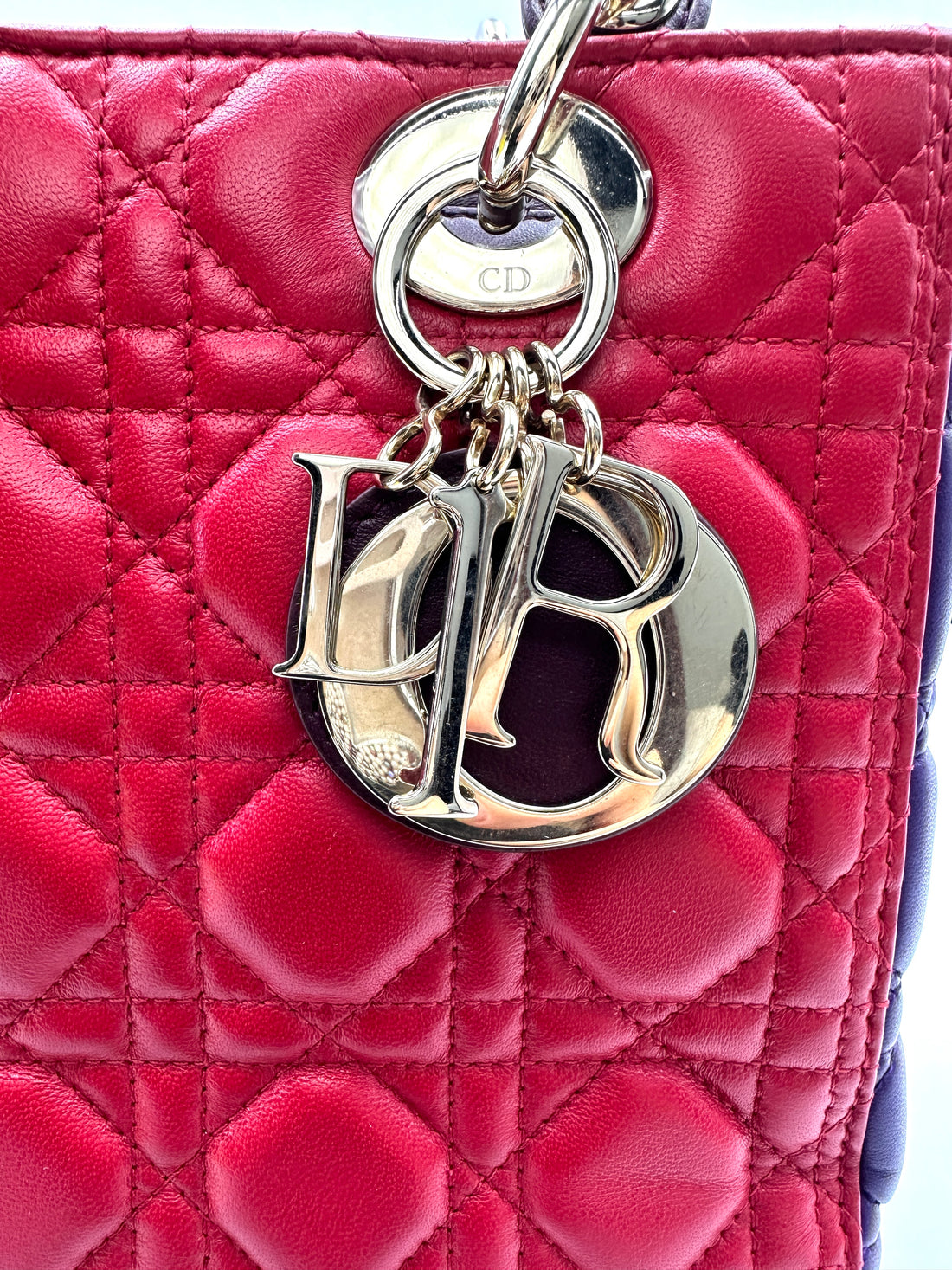 Christian Dior Lady Dior Red Cannage Leather Handle Bag With Silver Charms DR745