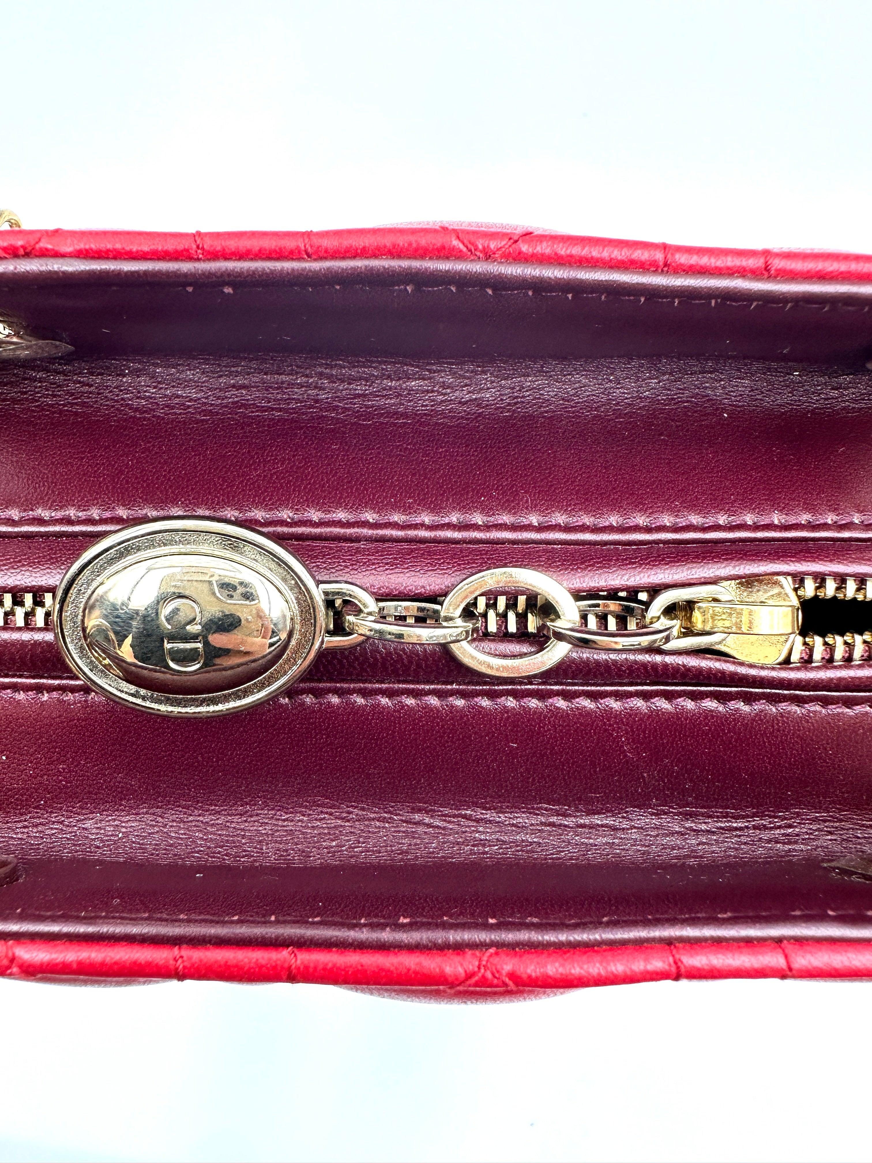Christian Dior Lady Dior Red Cannage Leather Handle Bag With Silver Charms DR745
