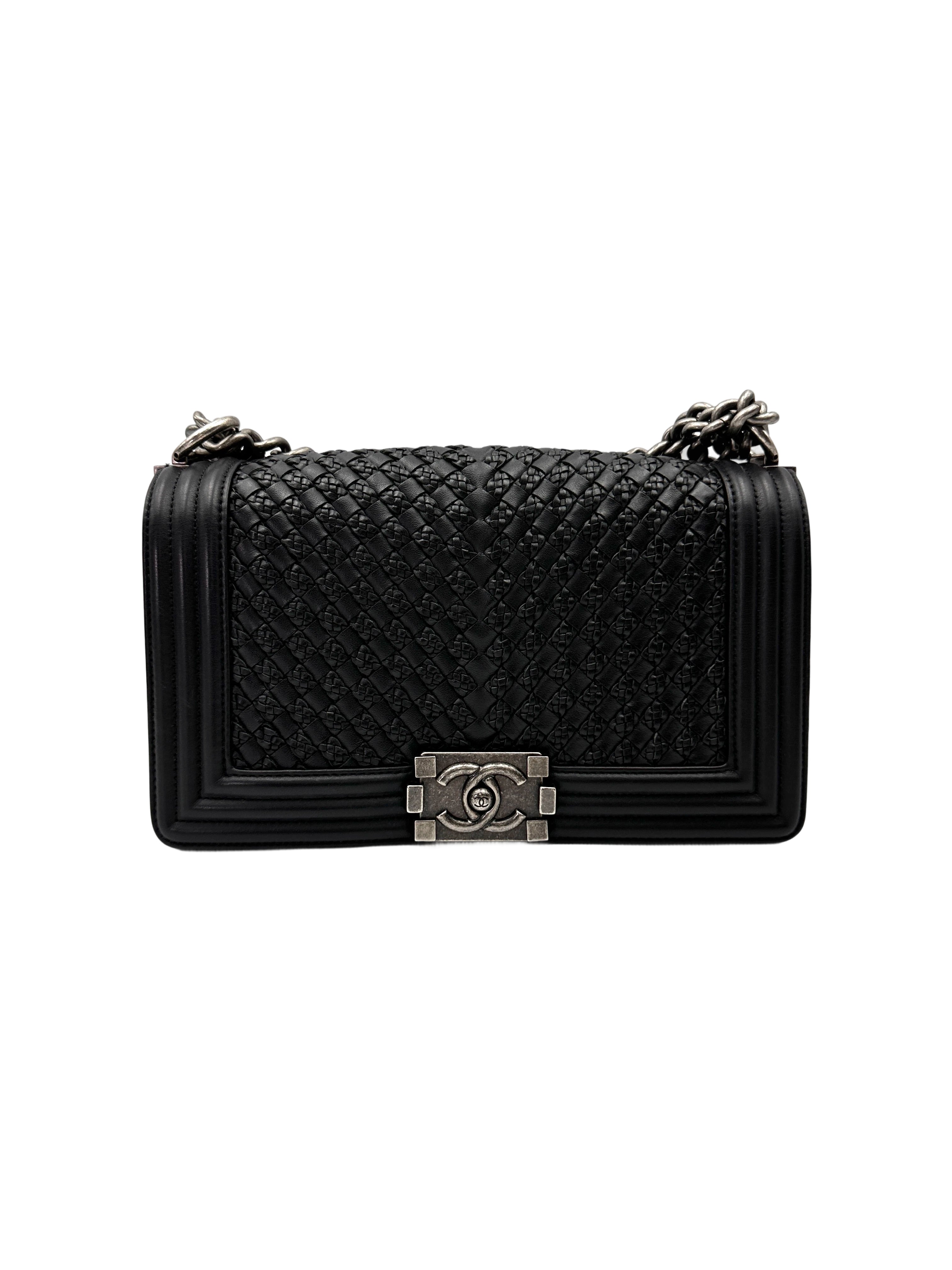 Chanel LeBoy Black Woven Leather Medium Size Flap Bag With Silver Buckle(26***31) CC2001