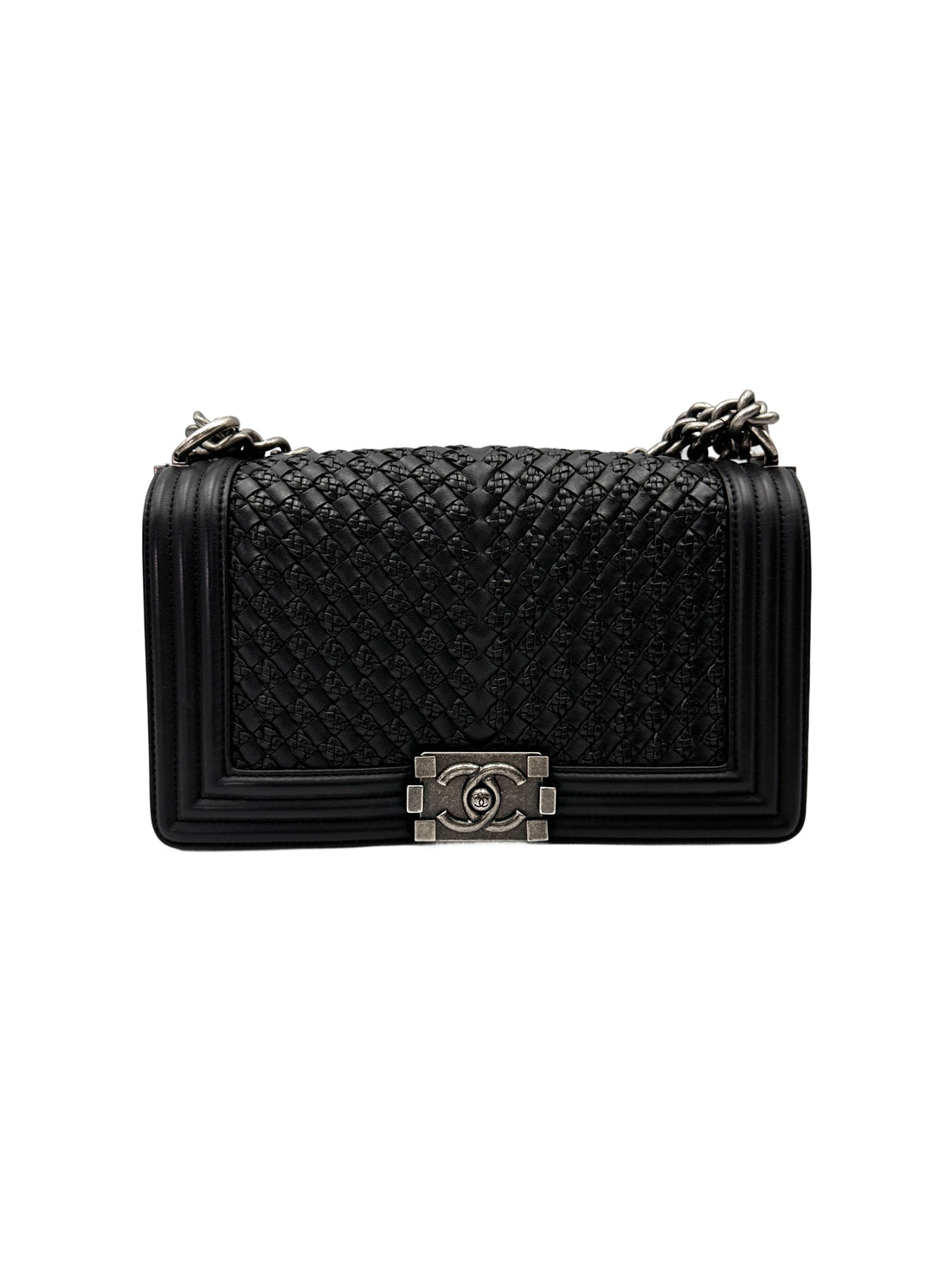 Chanel LeBoy Black Woven Leather Medium Size Flap Bag With Silver Buckle(26***31) CC2001