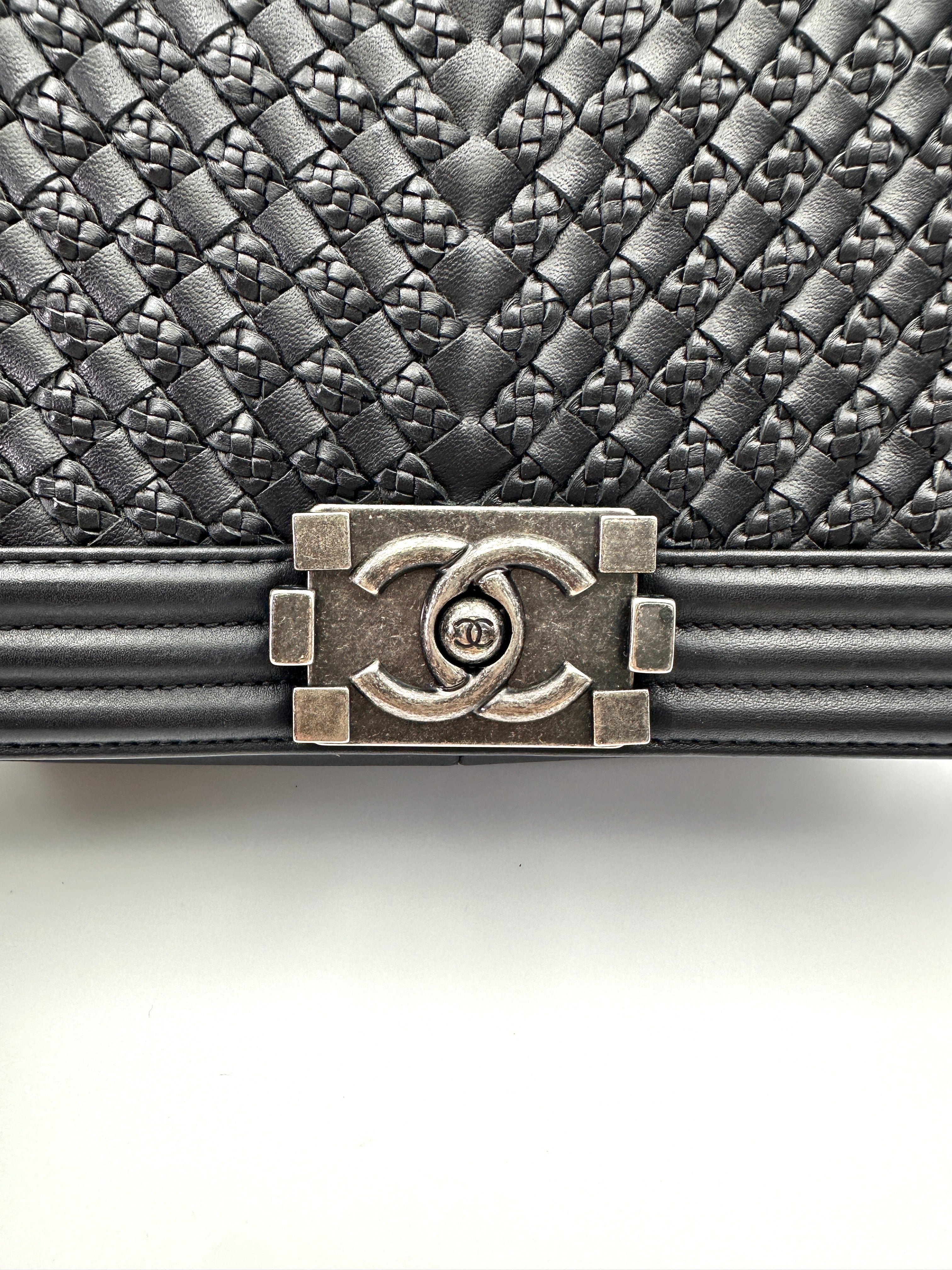 Chanel LeBoy Black Woven Leather Medium Size Flap Bag With Silver Buckle(26***31) CC2001
