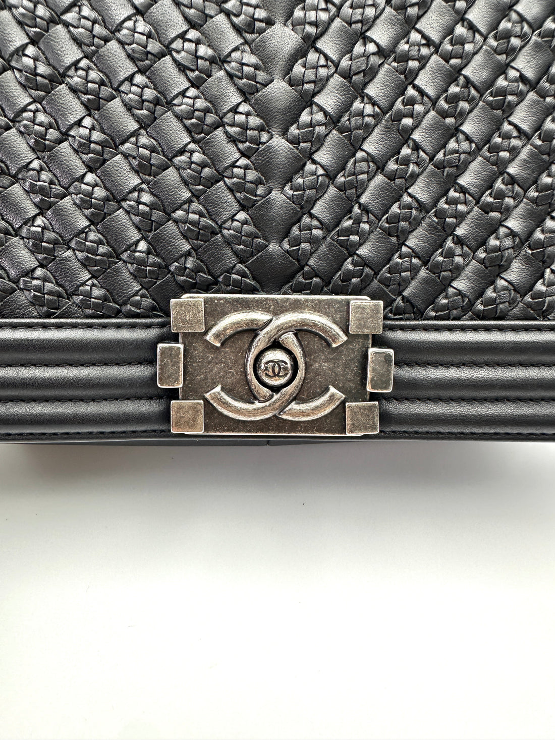 Chanel LeBoy Black Woven Leather Medium Size Flap Bag With Silver Buckle(26***31) CC2001
