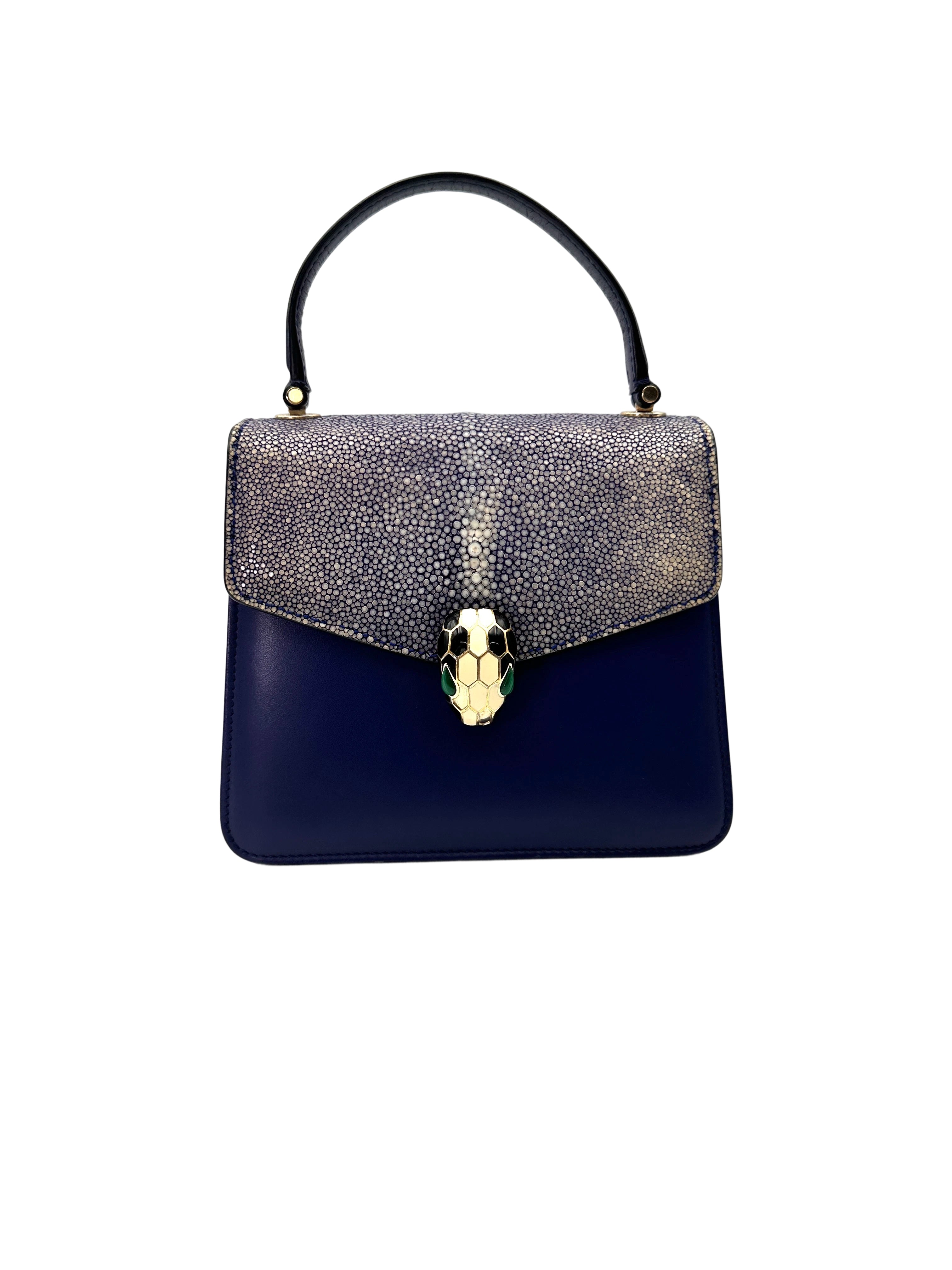 Bvlgari Serpenti Flower Blue Leather Galuchat Stingray Handle Bag BS42
