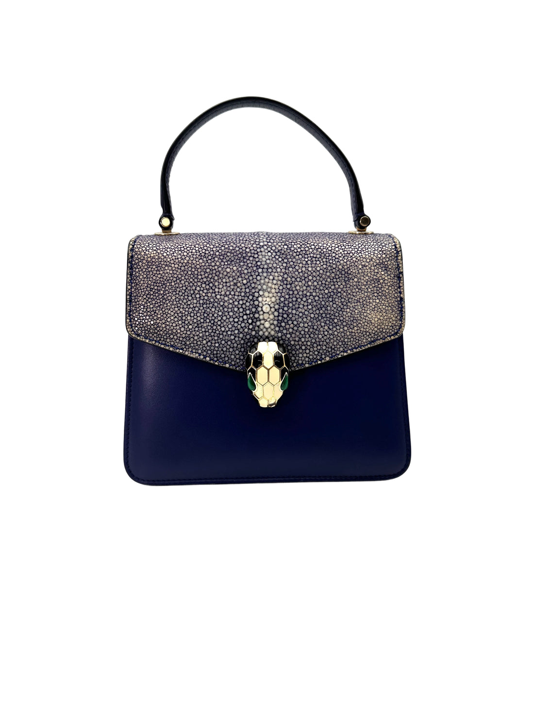 Bvlgari Serpenti Flower Blue Leather Galuchat Stingray Handle Bag BS42