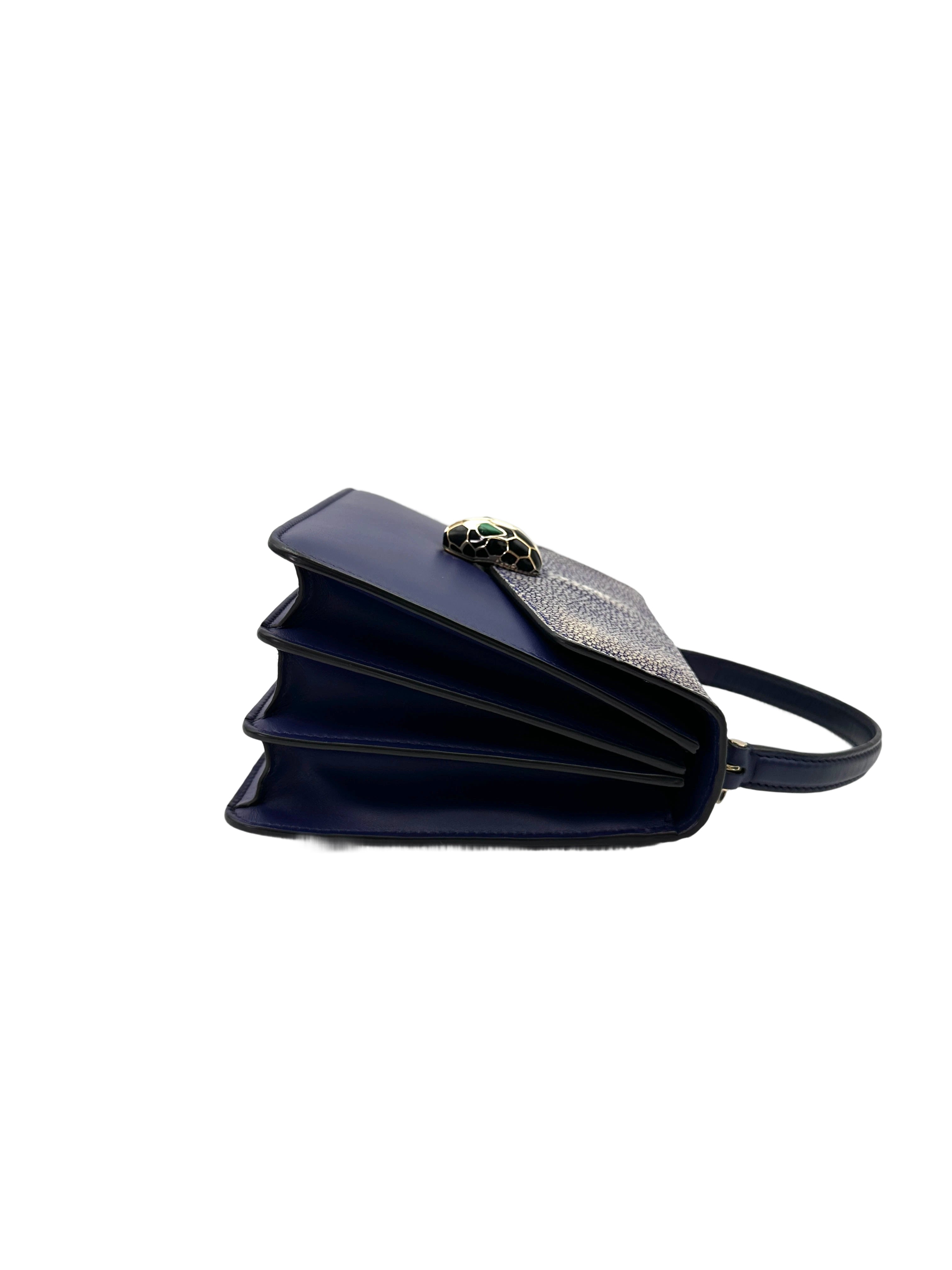 Bvlgari Serpenti Flower Blue Leather Galuchat Stingray Handle Bag BS42