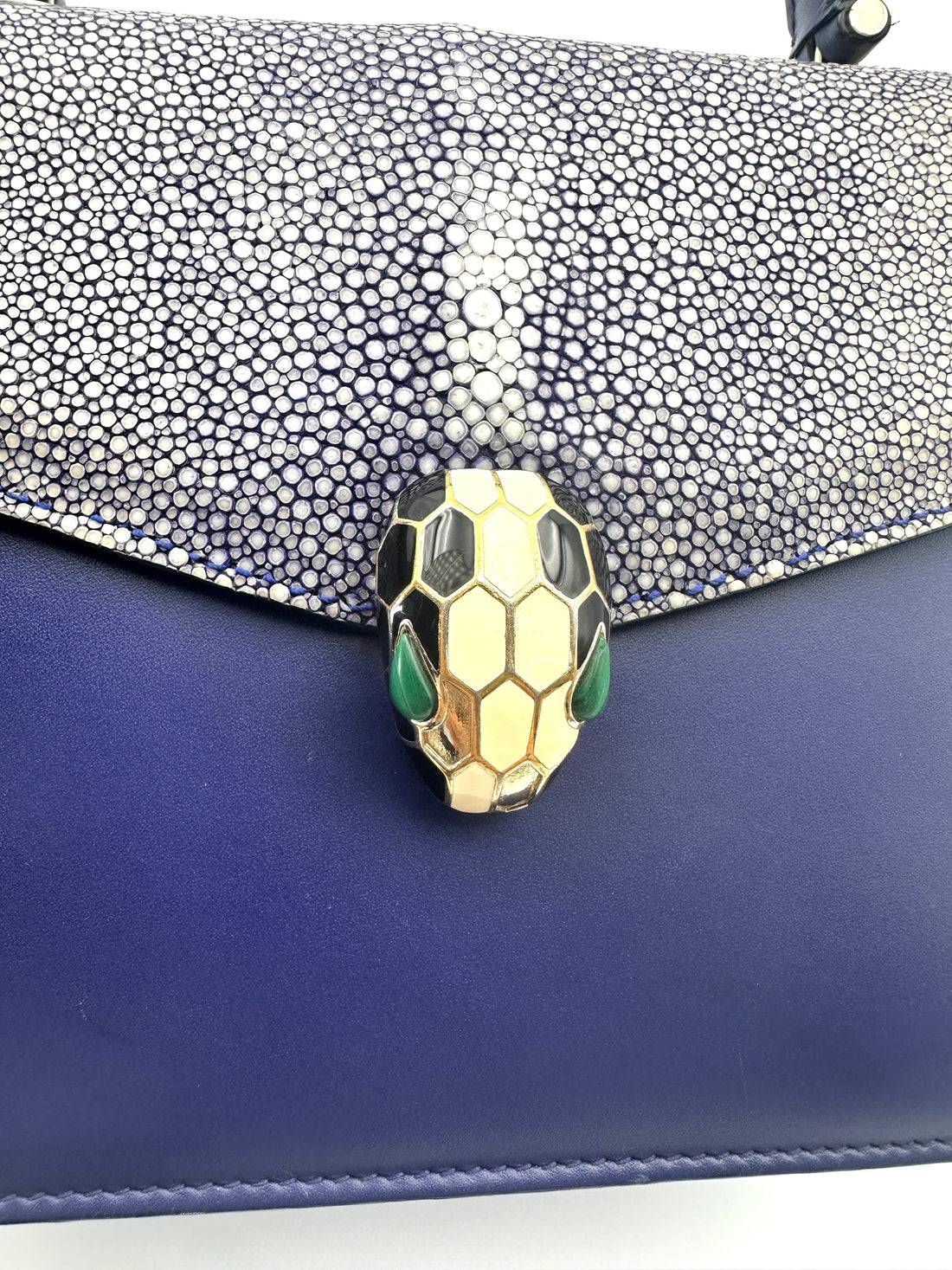 Bvlgari Serpenti Flower Blue Leather Galuchat Stingray Handle Bag BS42