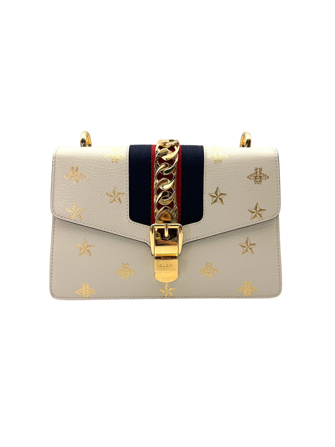 Gucci Sylvie Bee Star White Leather Shoulder Bag GG1081