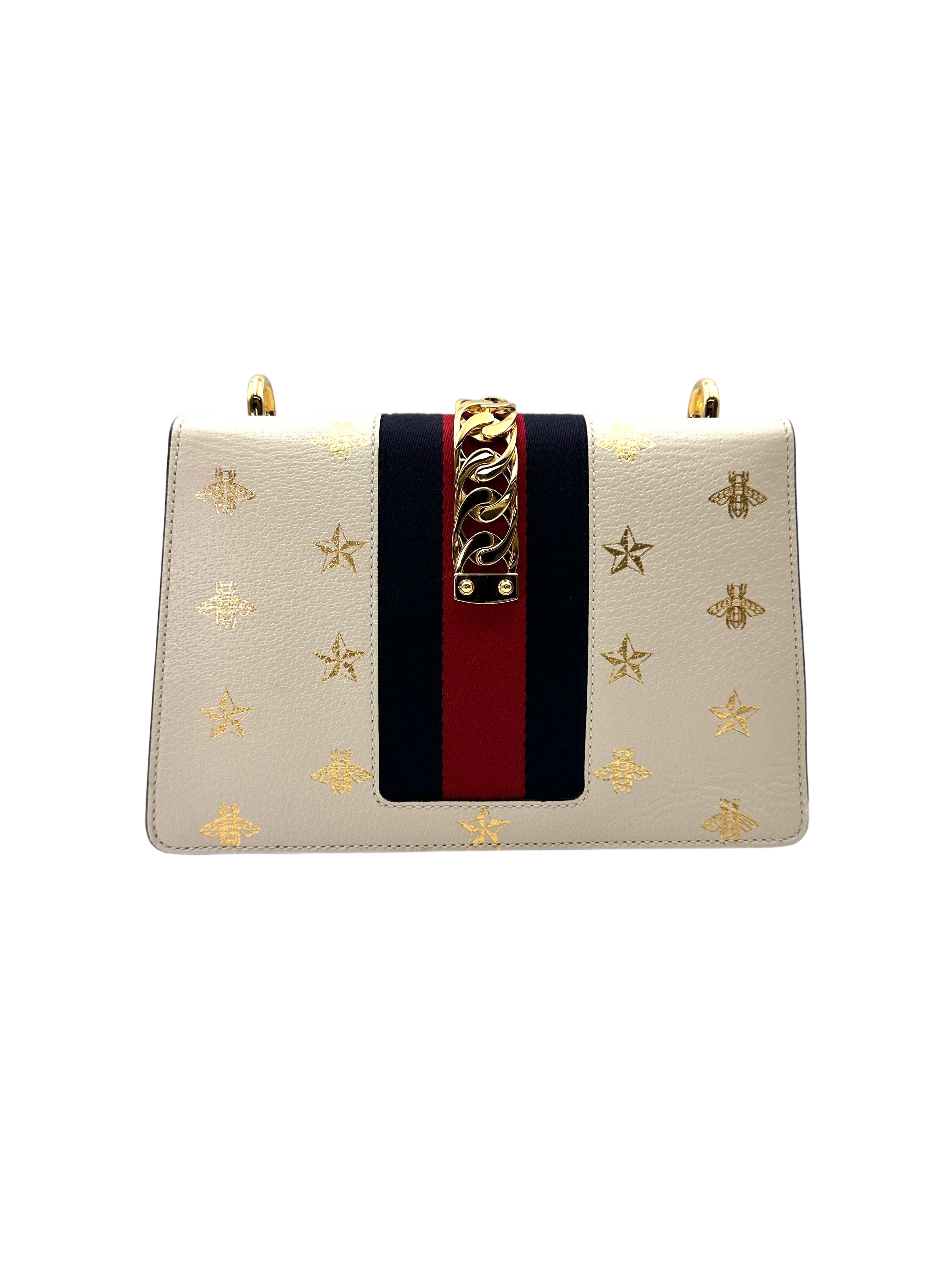 Gucci Sylvie Bee Star White Leather Shoulder Bag GG1081