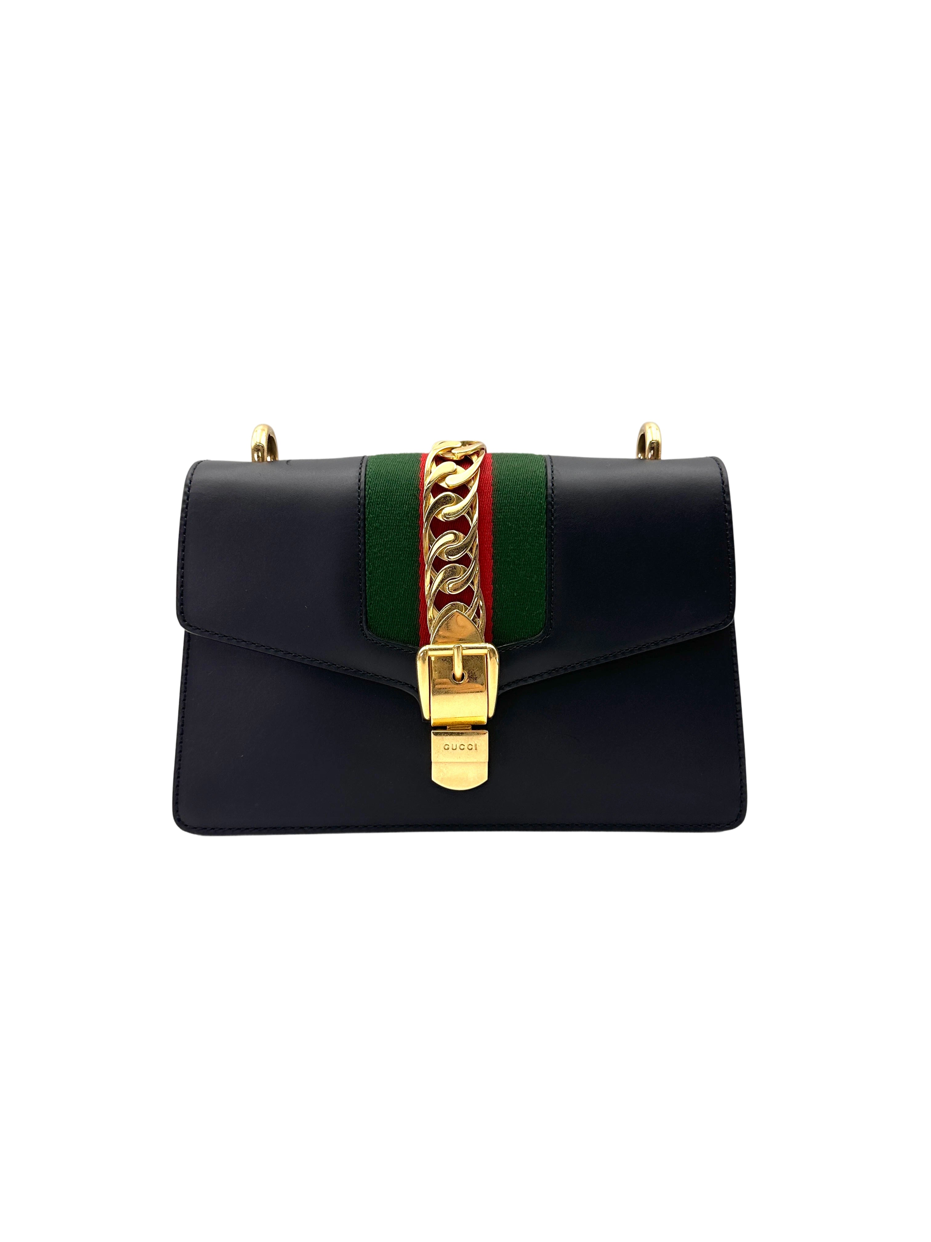 Gucci Sylvie Black Leather Medium Size Shoulder Bag GG1084