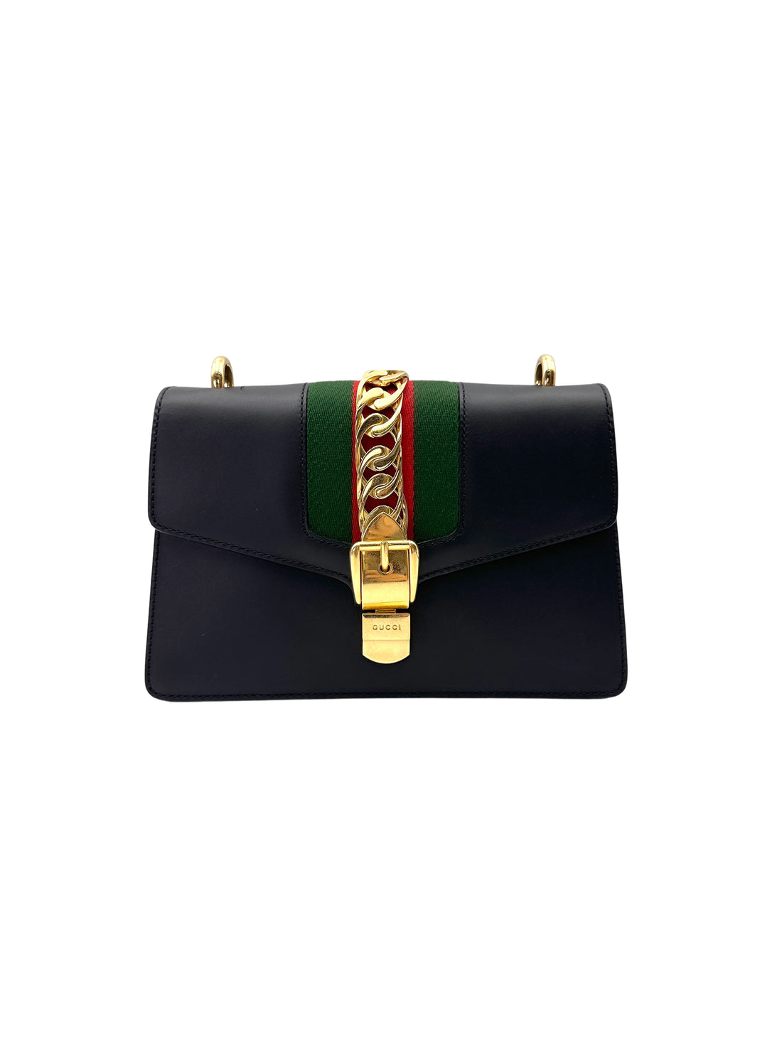 Gucci Sylvie Black Leather Medium Size Shoulder Bag GG1084