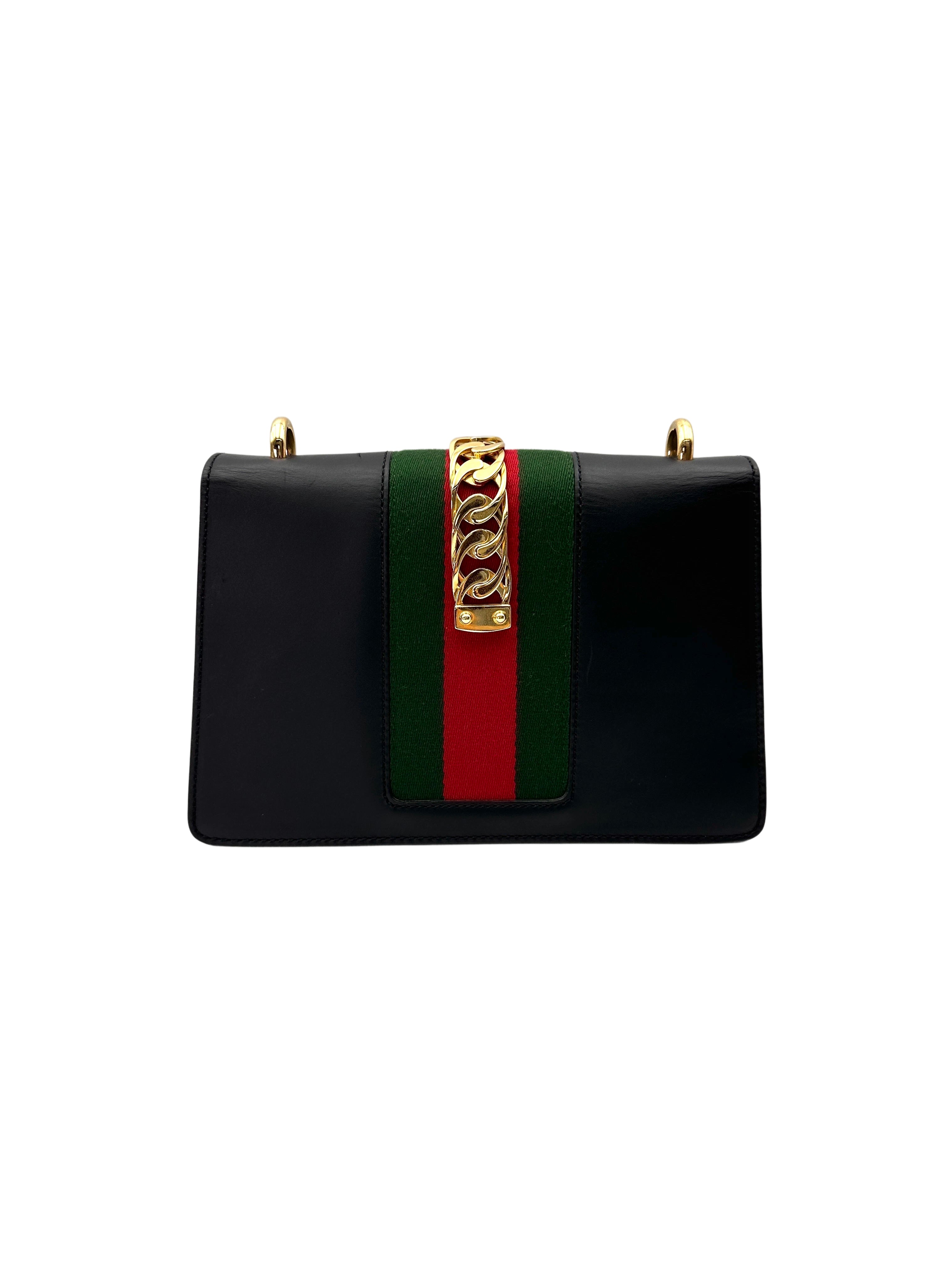 Gucci Sylvie Black Leather Medium Size Shoulder Bag GG1084