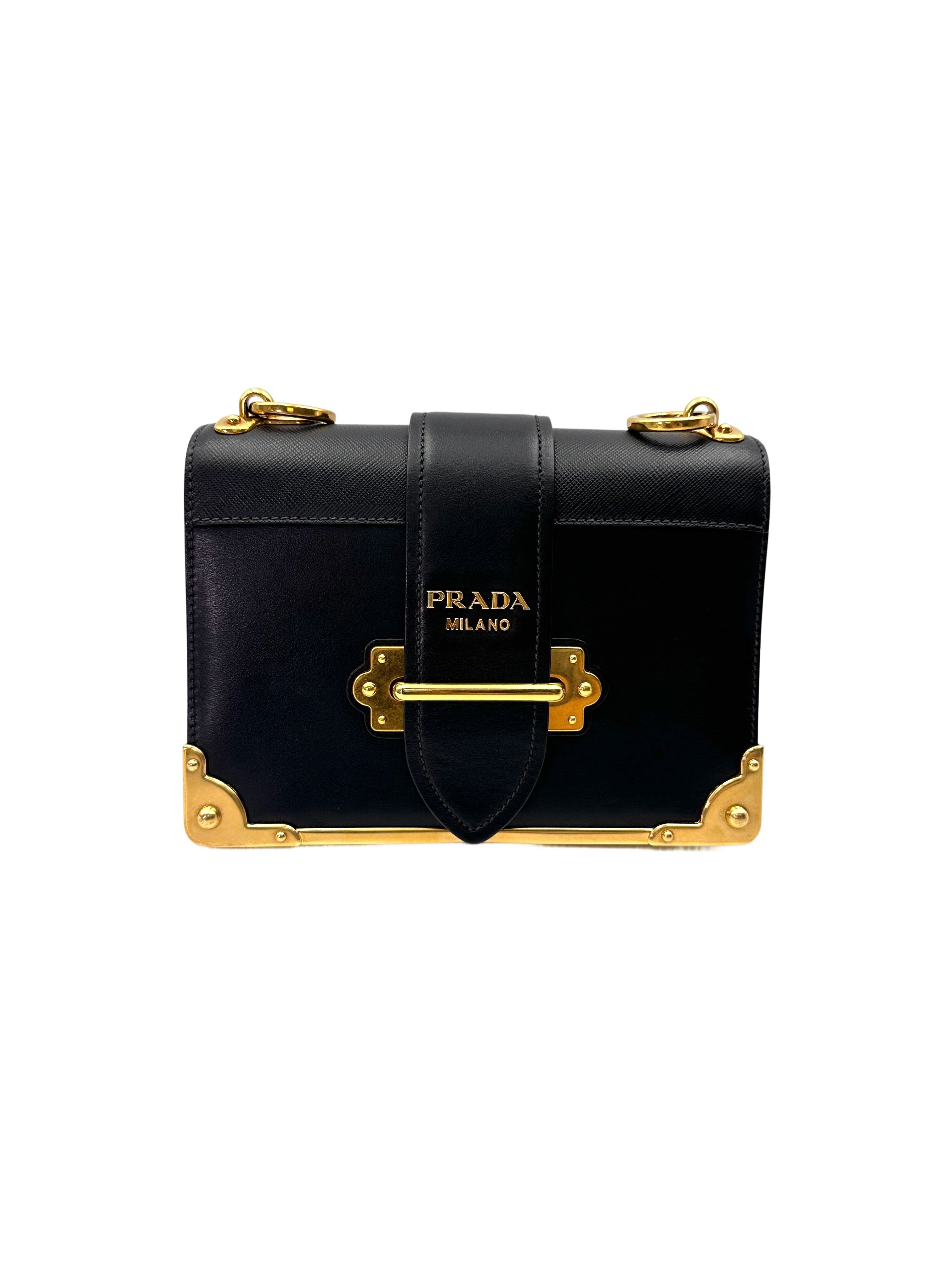 Prada Cahier Black Saffiano Leather Small Size Shoulder Bag With Gold Hardware PR375