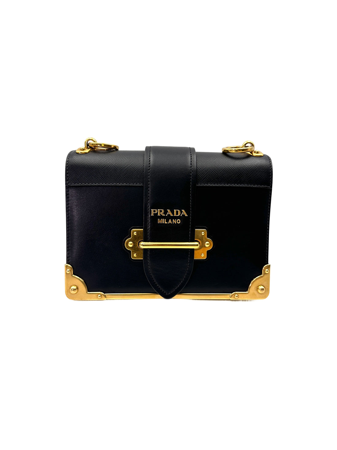 Prada Cahier Black Saffiano Leather Small Size Shoulder Bag With Gold Hardware PR375