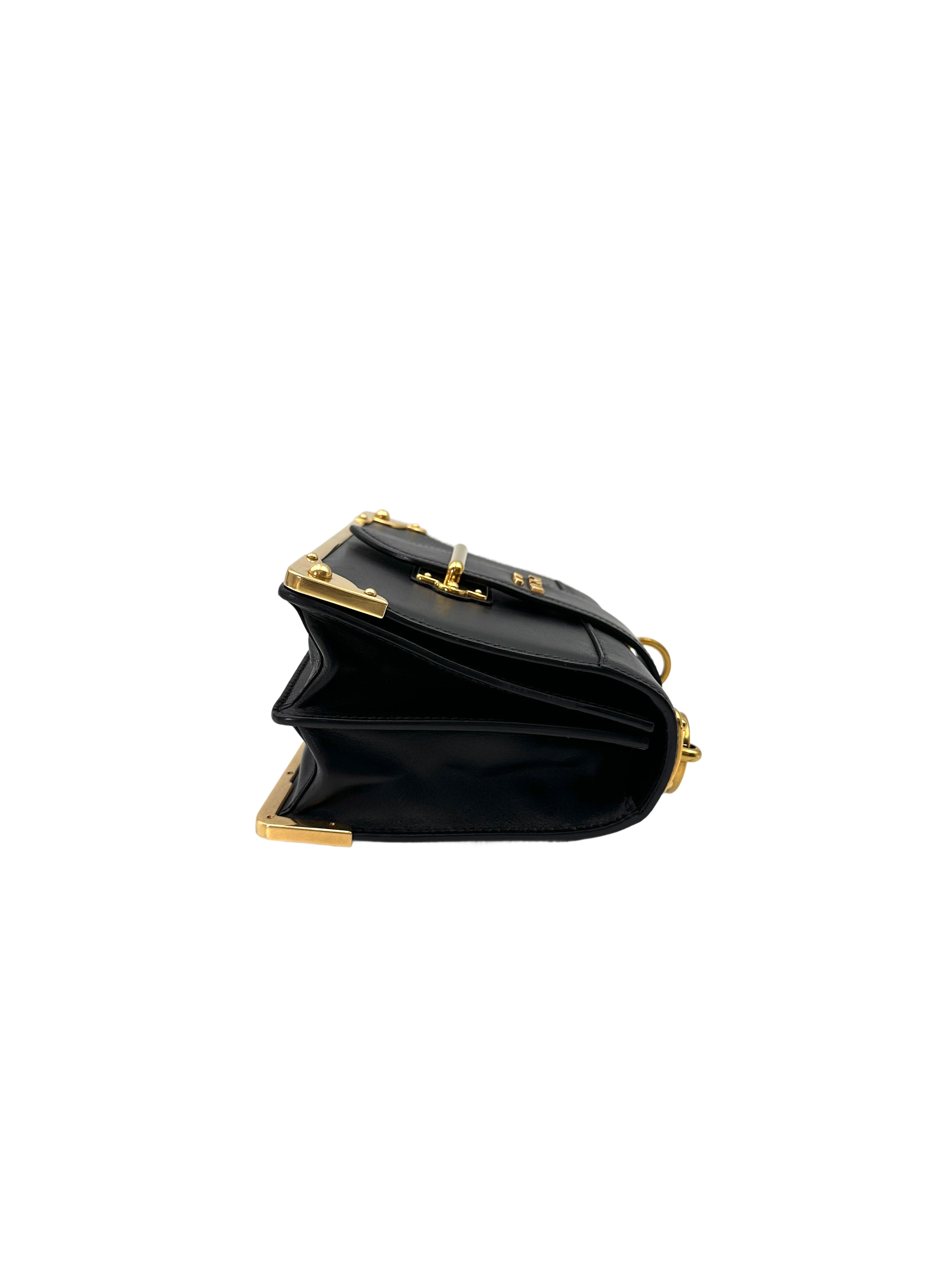 Prada Cahier Black Saffiano Leather Small Size Shoulder Bag With Gold Hardware PR375
