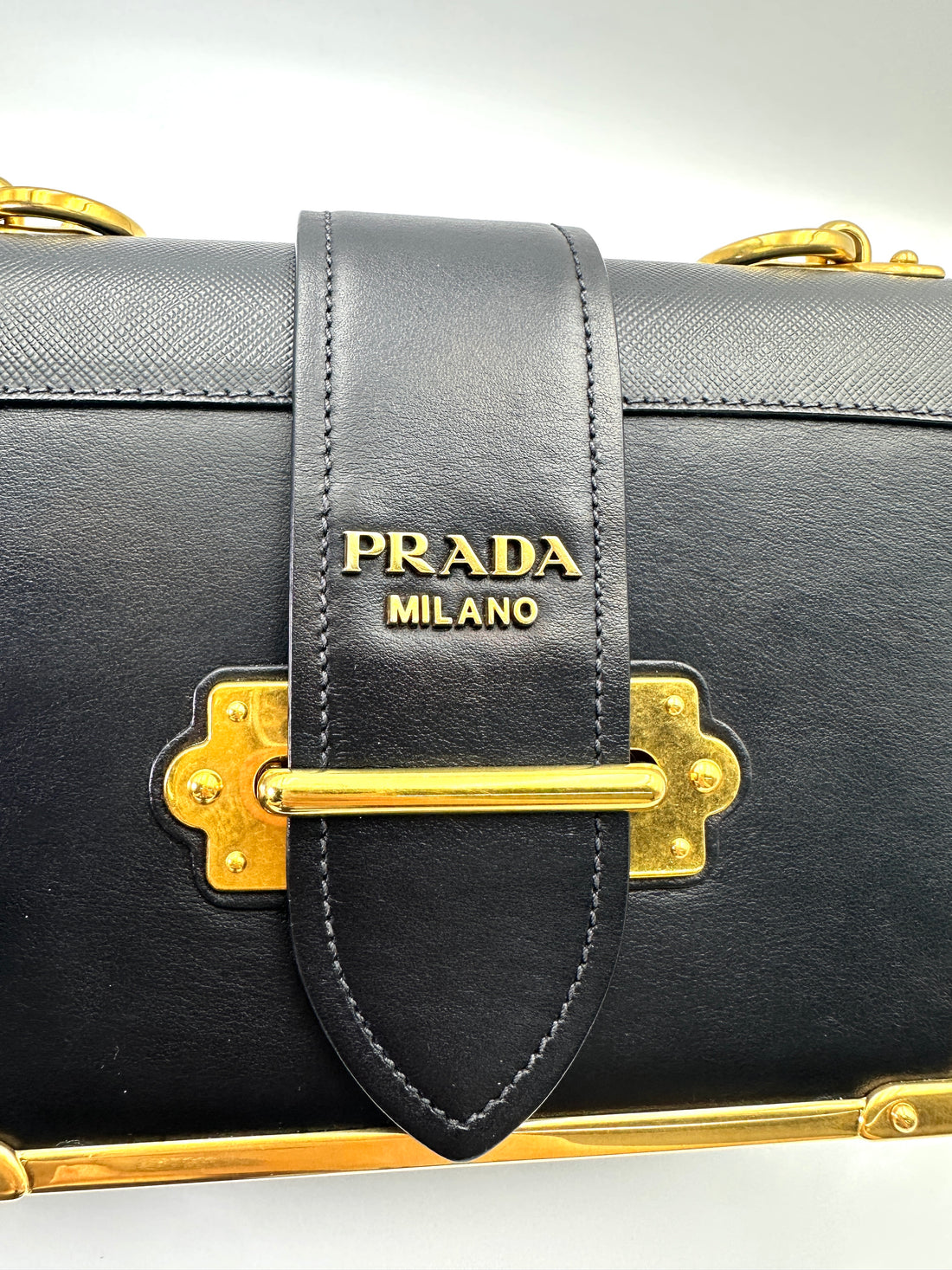 Prada Cahier Black Saffiano Leather Small Size Shoulder Bag With Gold Hardware PR375