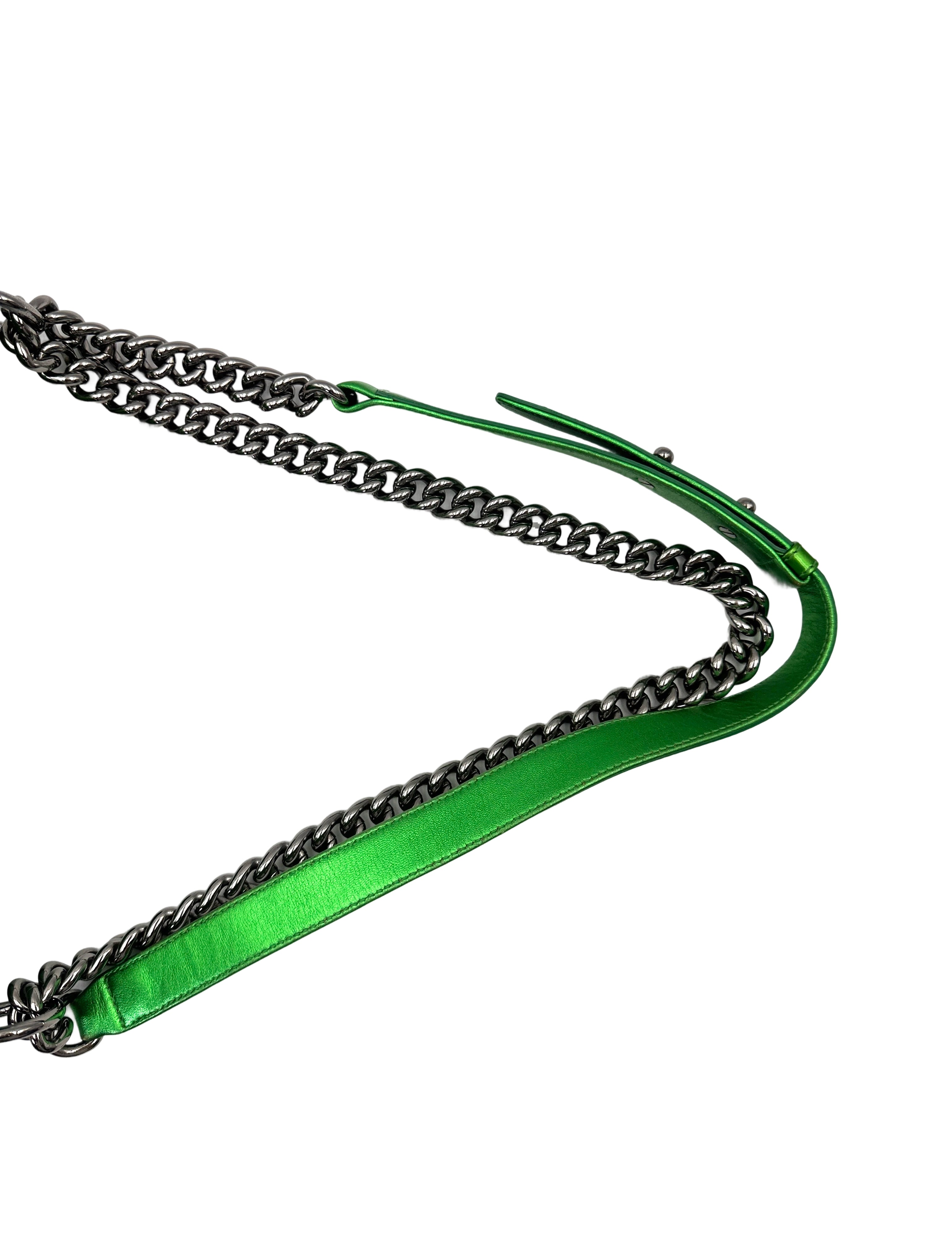Chanel LeBoy Metallic Green Quilted Leather Medium Size Flap Bag With Silver Buckle(19***60) CC2010