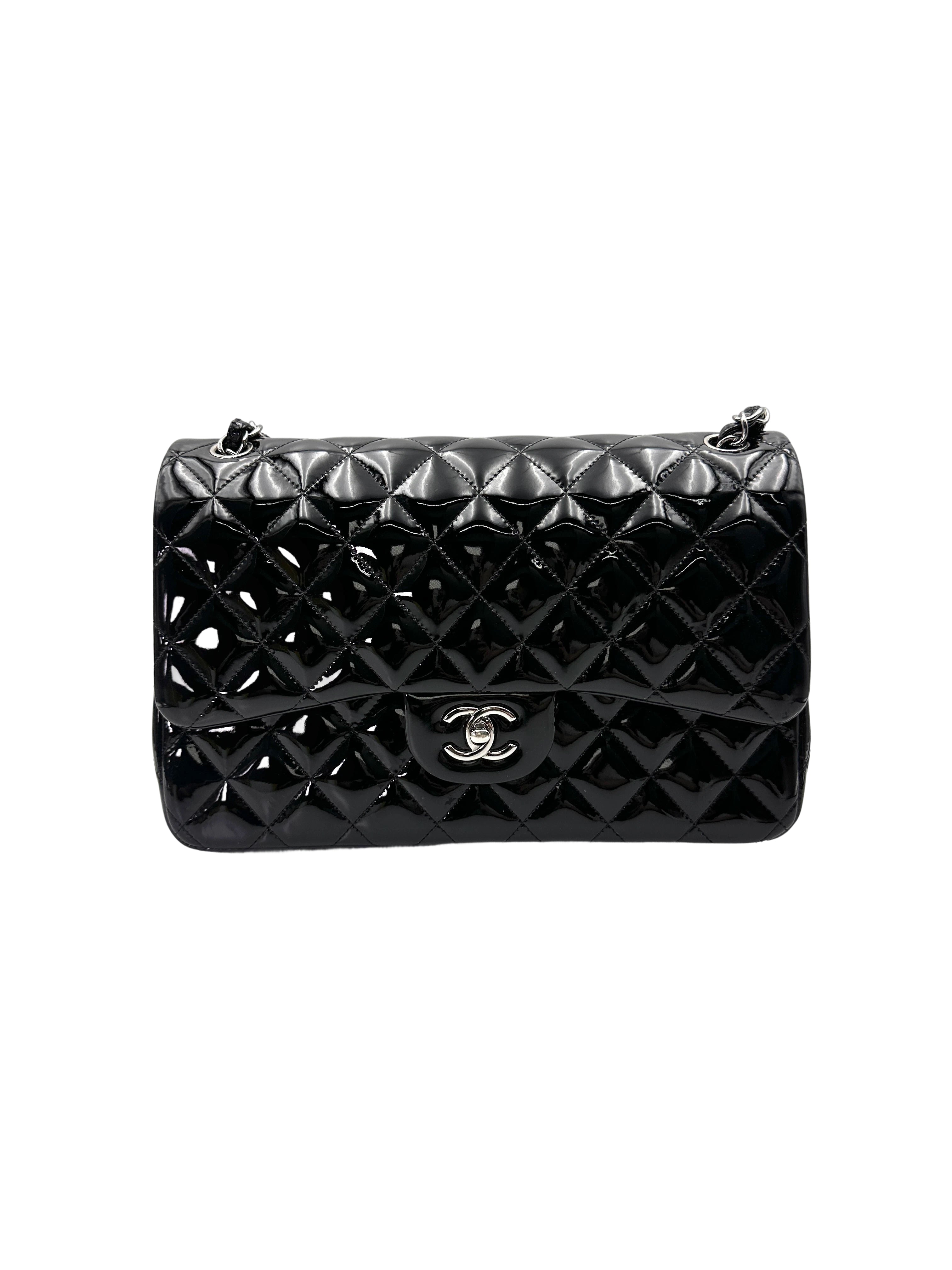 Chanel Classic Flap Black Quilted Patent Leather Jumbo Shoulder Bag With Silver Buckle(19***85) CC2010-1