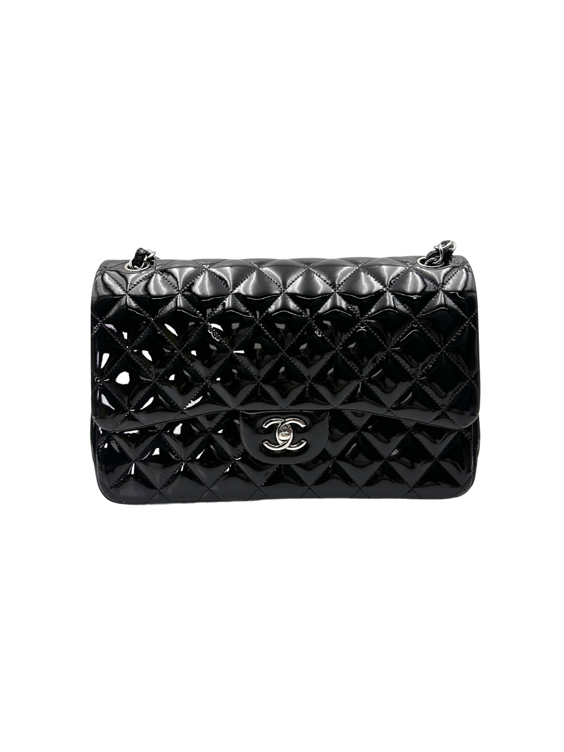 Chanel Classic Flap Black Quilted Patent Leather Jumbo Shoulder Bag With Silver Buckle(19***85) CC2010-1