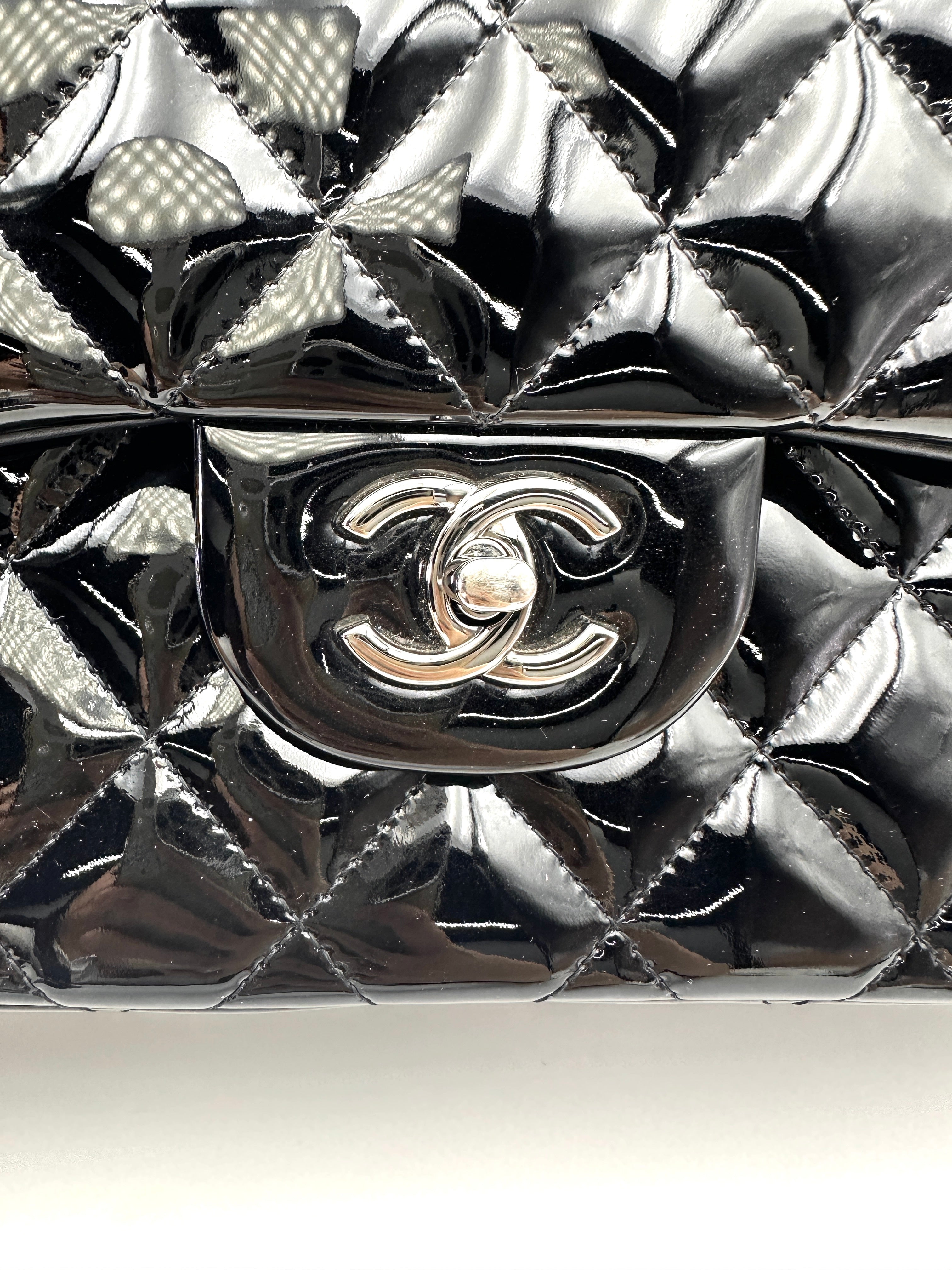 Chanel Classic Flap Black Quilted Patent Leather Jumbo Shoulder Bag With Silver Buckle(19***85) CC2010-1