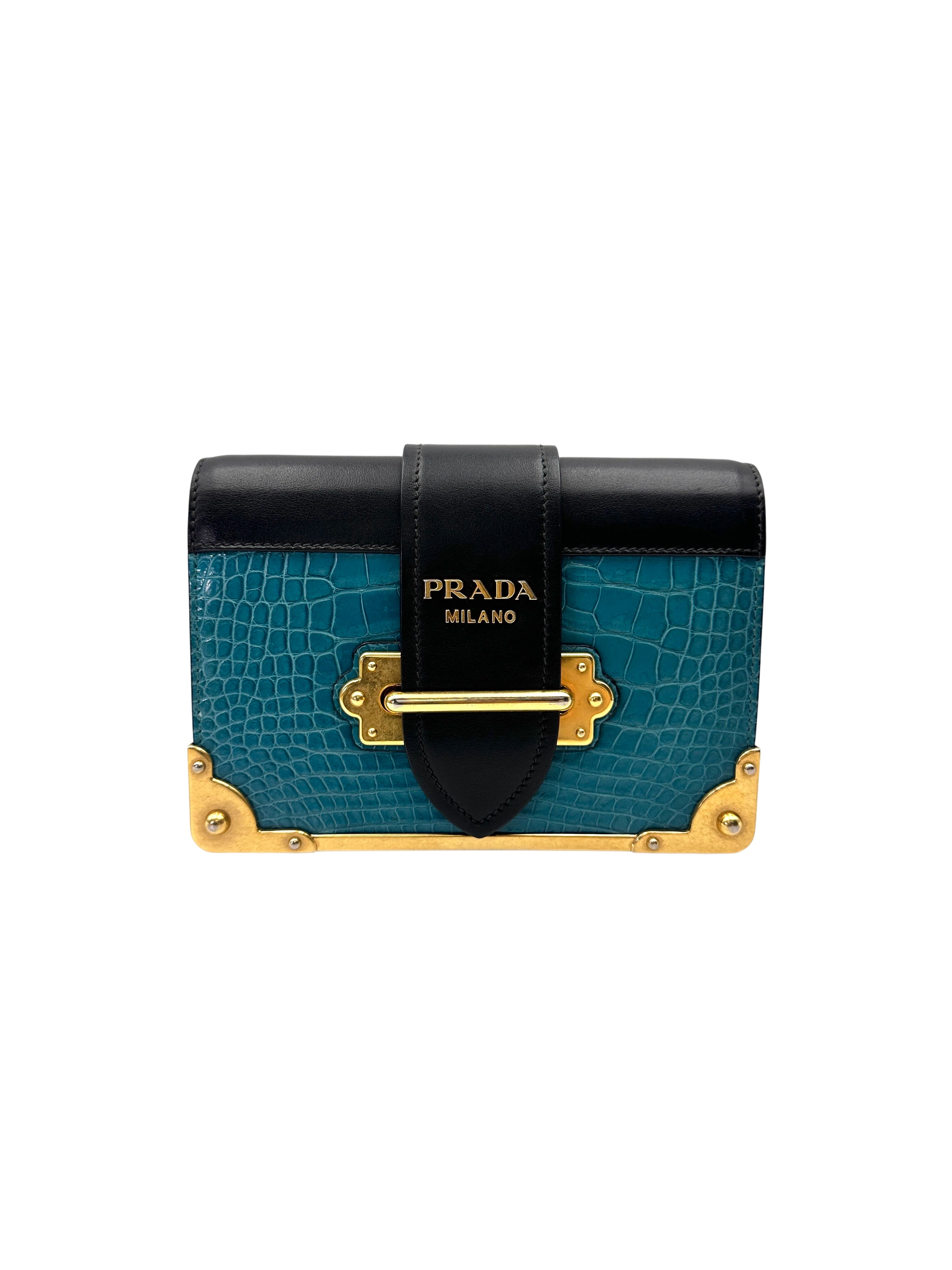 Prada Cahier Black/Blue Saffiano Leather Shoulder Bag With Gold Hardware PR378