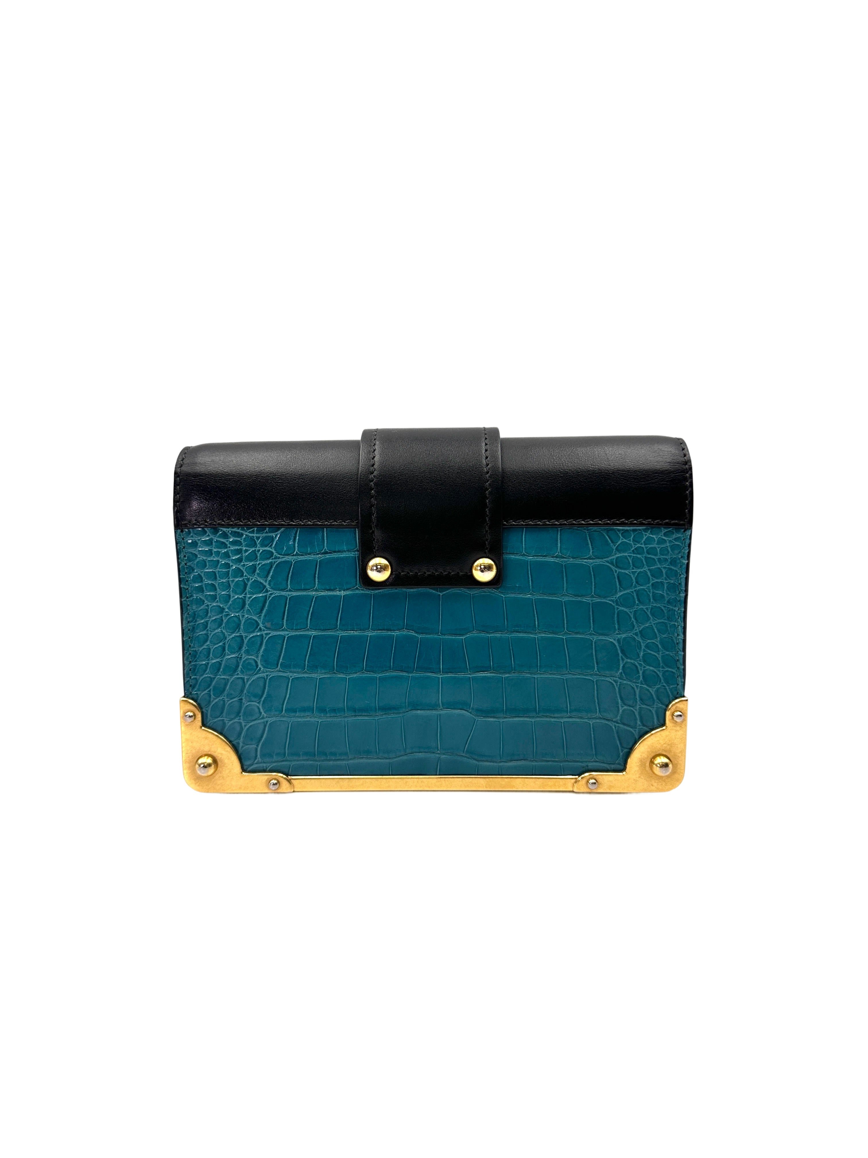 Prada Cahier Black/Blue Saffiano Leather Shoulder Bag With Gold Hardware PR378