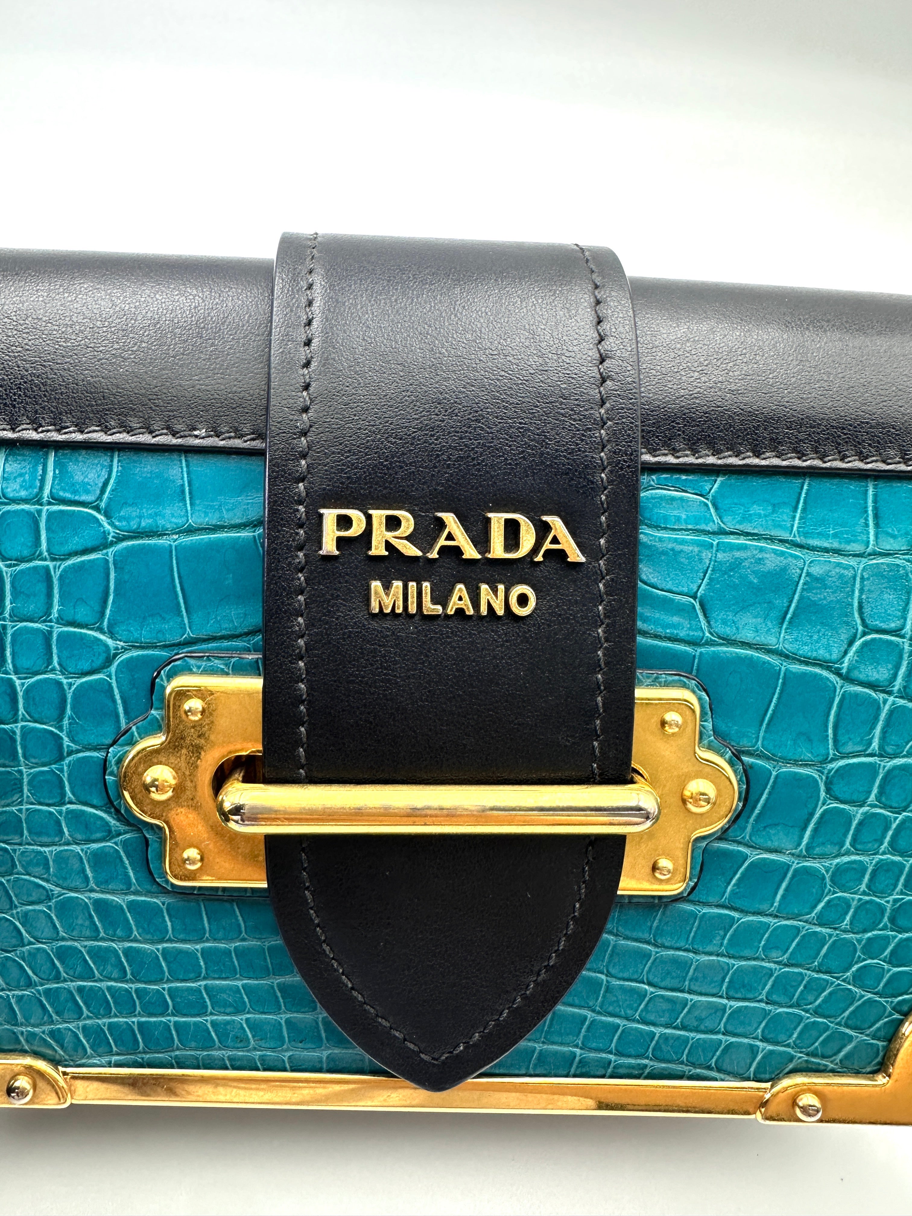 Prada Cahier Black/Blue Saffiano Leather Shoulder Bag With Gold Hardware PR378