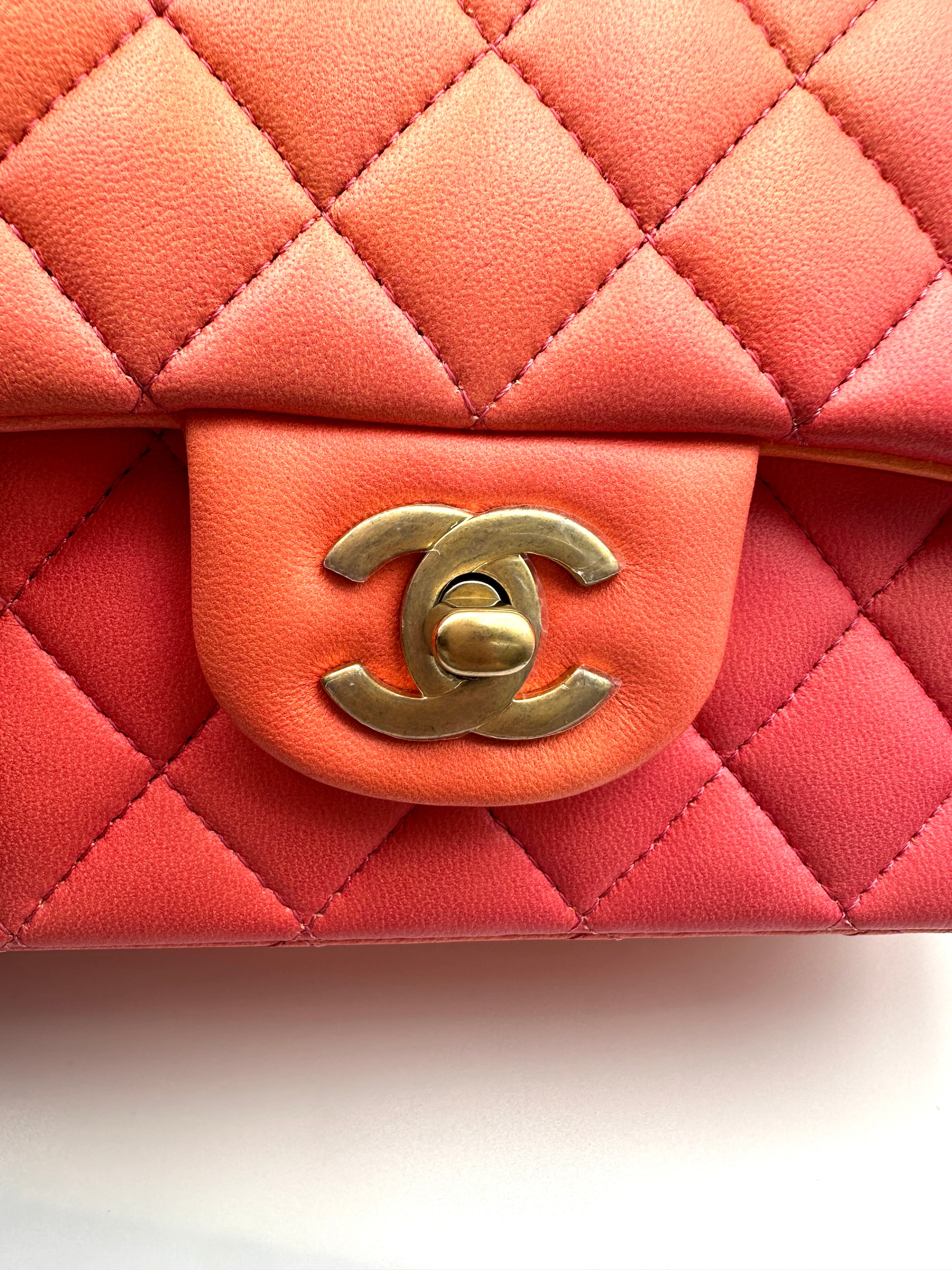 Chanel Classic Flap Pink Orange Ombre Quilted Lambskin Top Handle Bag(T9***X1) CC2013