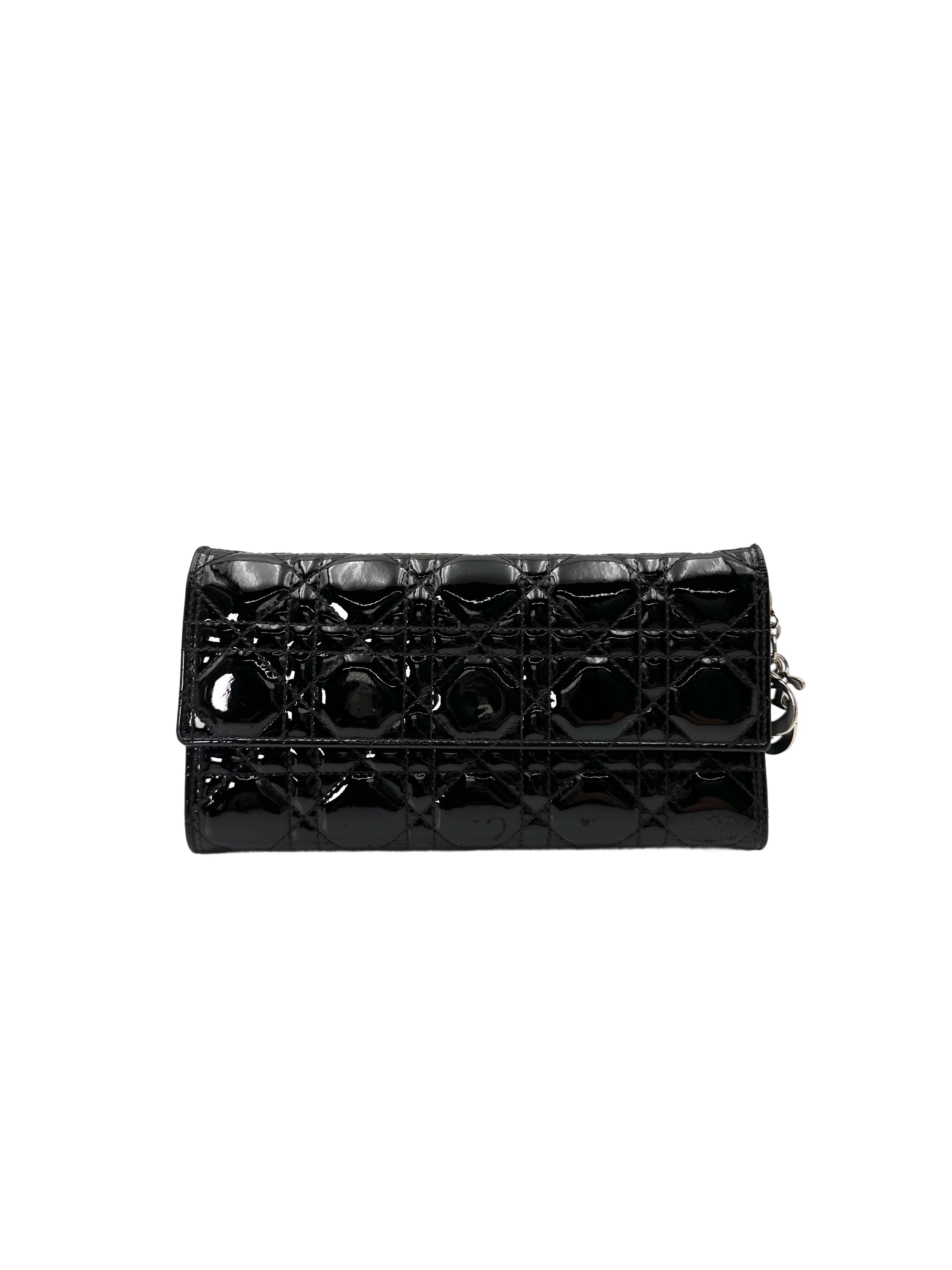 Christian Dior Lady Dior Black Patent Cannage Leather Chain Clutch DR746