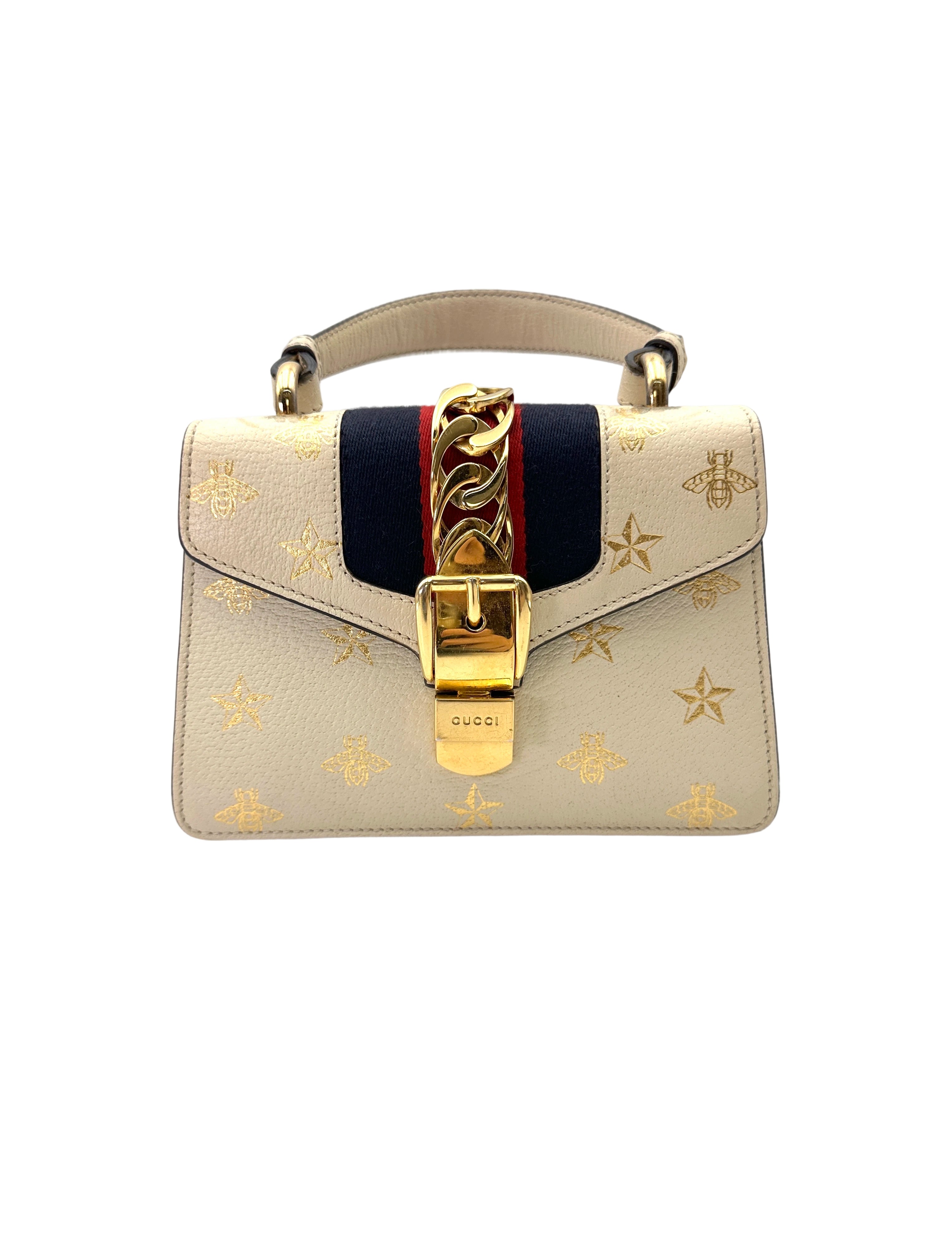 Gucci Sylvie Bee Star White Leather Top Handle Shoulder Bag GG1098